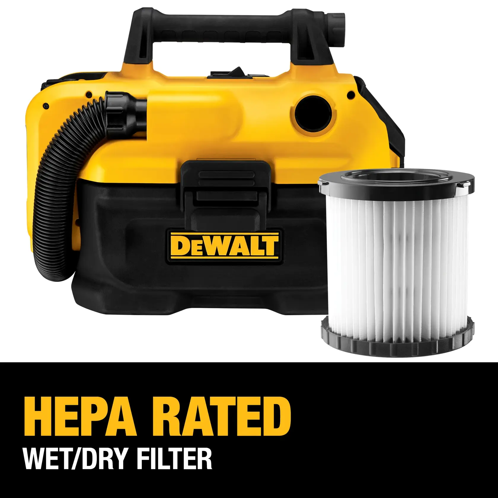 A DEWALT wet/dry vacuum with a HEPA-rated filter is shown. The vacuum is yellow and black with a flexible hose, and the HEPA filter is placed beside it. Text on the image reads: 'HEPA RATED WET/DRY FILTER'.