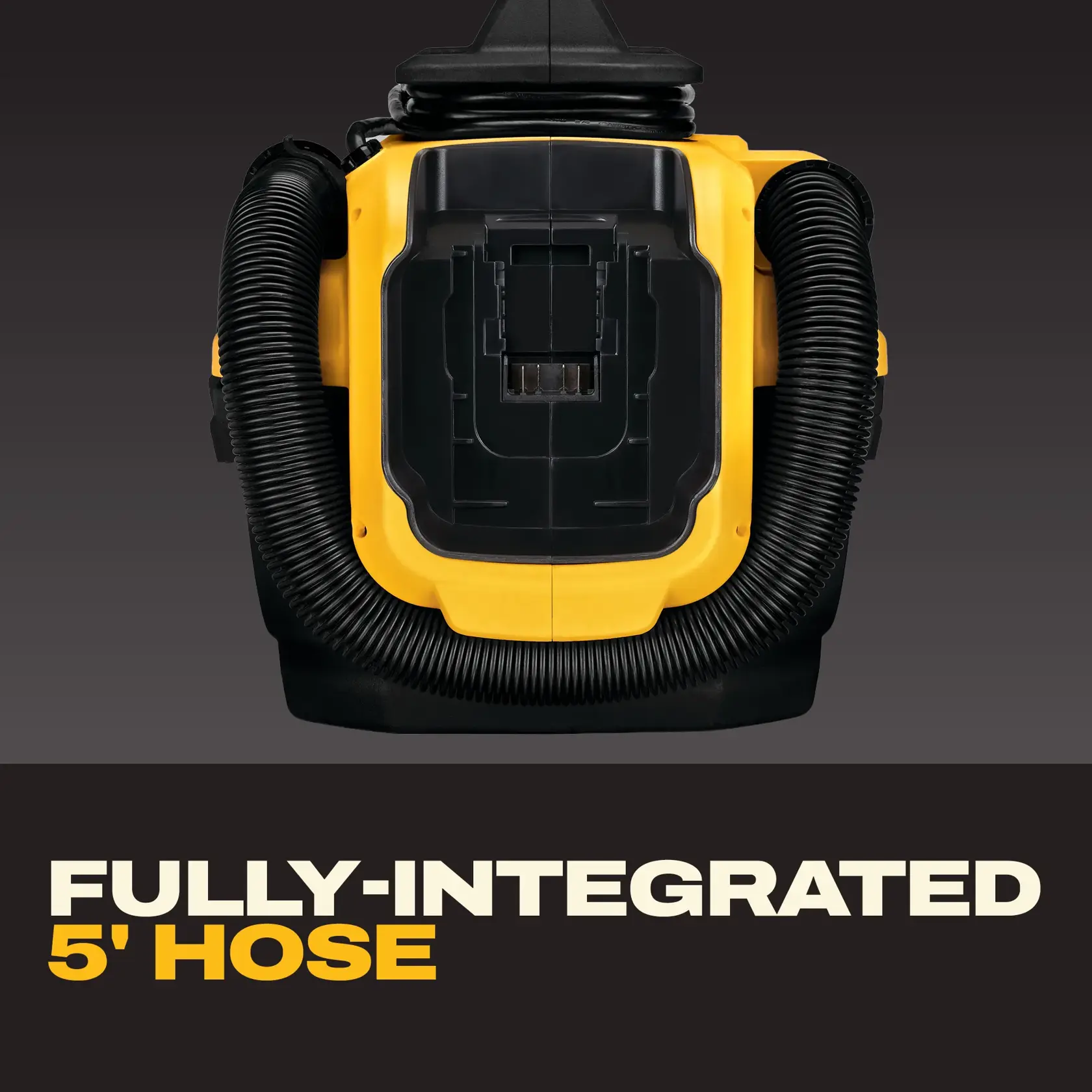 A close-up image of a DEWALT DCV581H wet/dry vacuum cleaner in yellow and black, featuring a handle, hose, and cord. The vacuum supports corded or cordless operation, as highlighted by the bold text in the image and the 20V MAX logo in the top right corner.