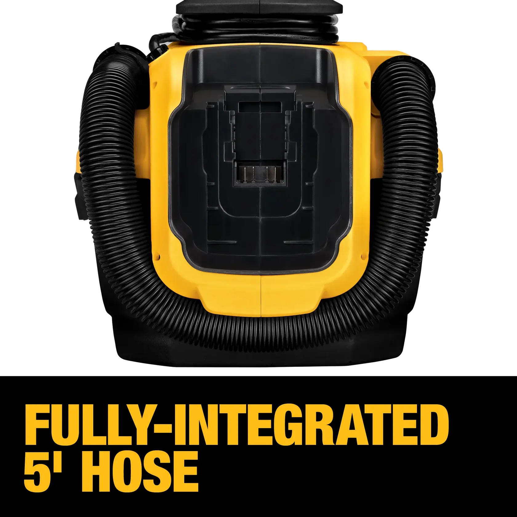 Front view of a DEWALT DCV581H vacuum cleaner showing its fully-integrated 5-foot hose wrapped around the unit, with bold yellow and black text stating 'FULLY-INTEGRATED 5' HOSE' at the bottom.