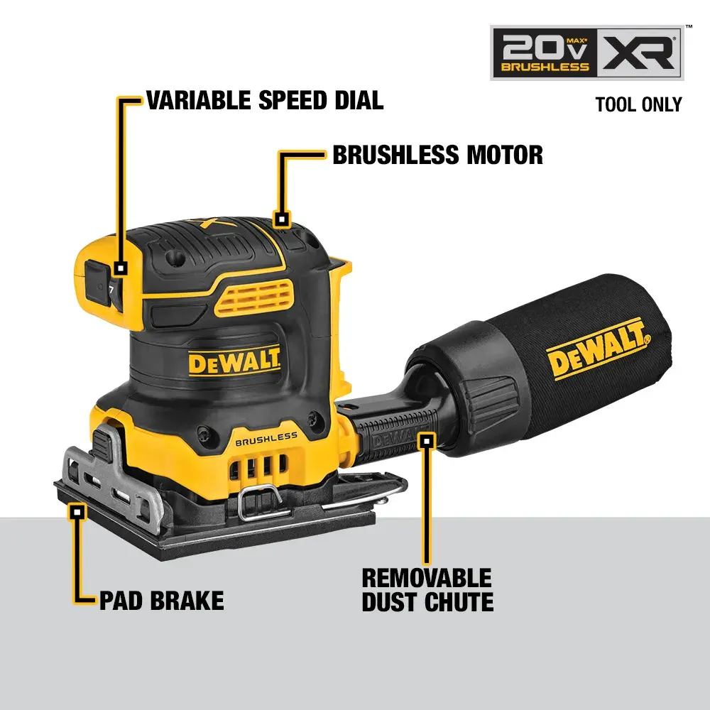 DEWALT cordless sander with variable speed, brushless motor, pad brake, and removable dust chute.