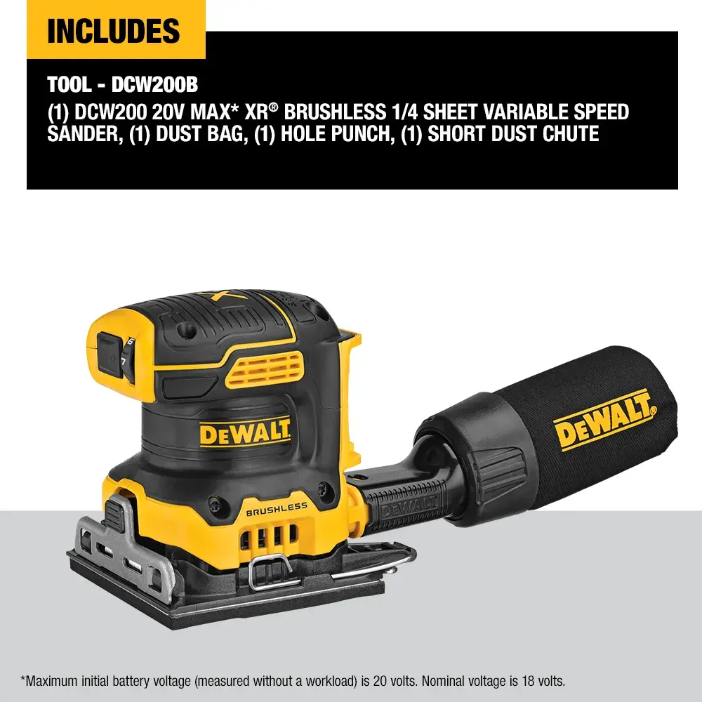 DEWALT DCW200B 20V Max XR brushless sander with dust bag and chute is shown on a white background.