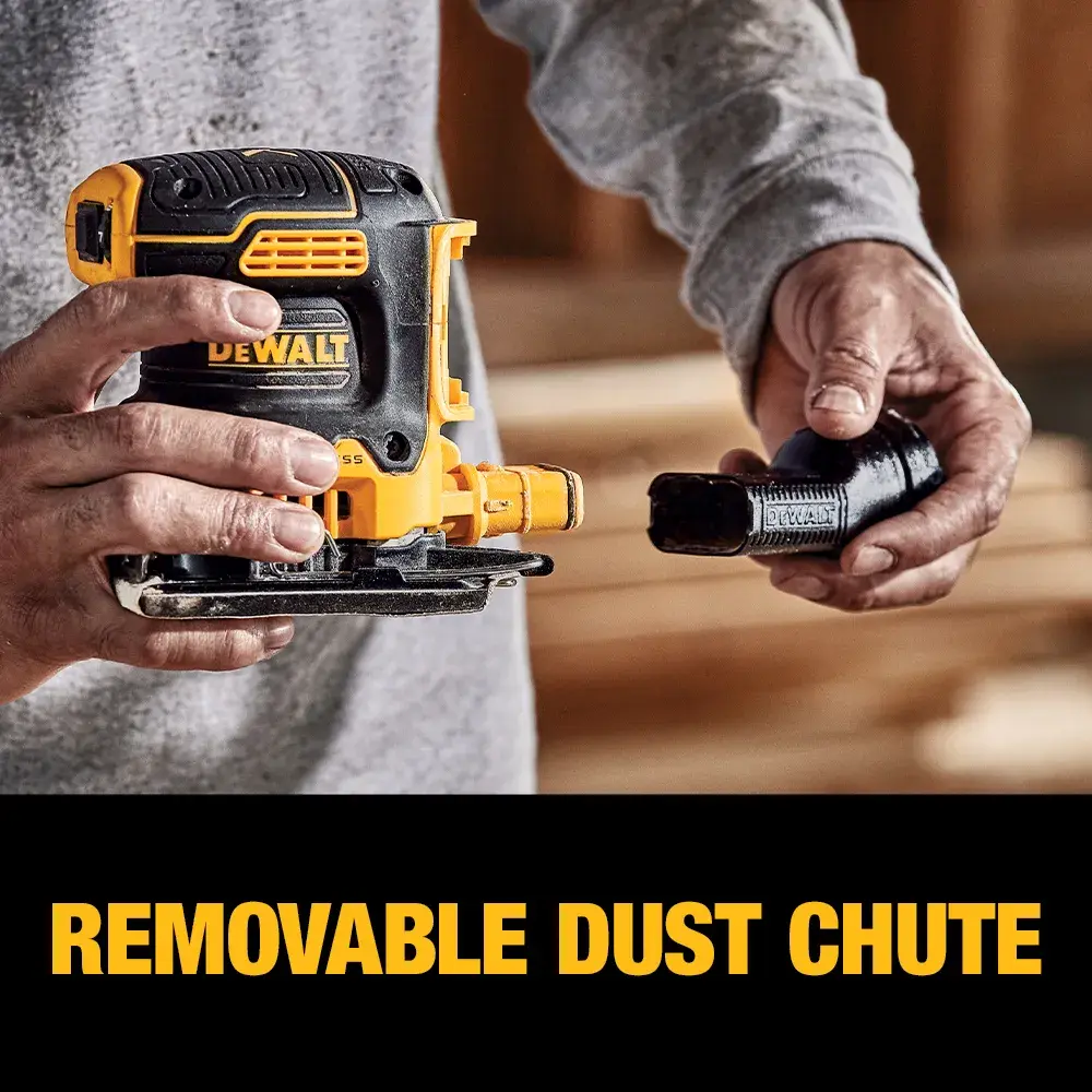 DEWALT sander with a removable dust chute shown in hand. Text highlights the removable dust chute feature.
