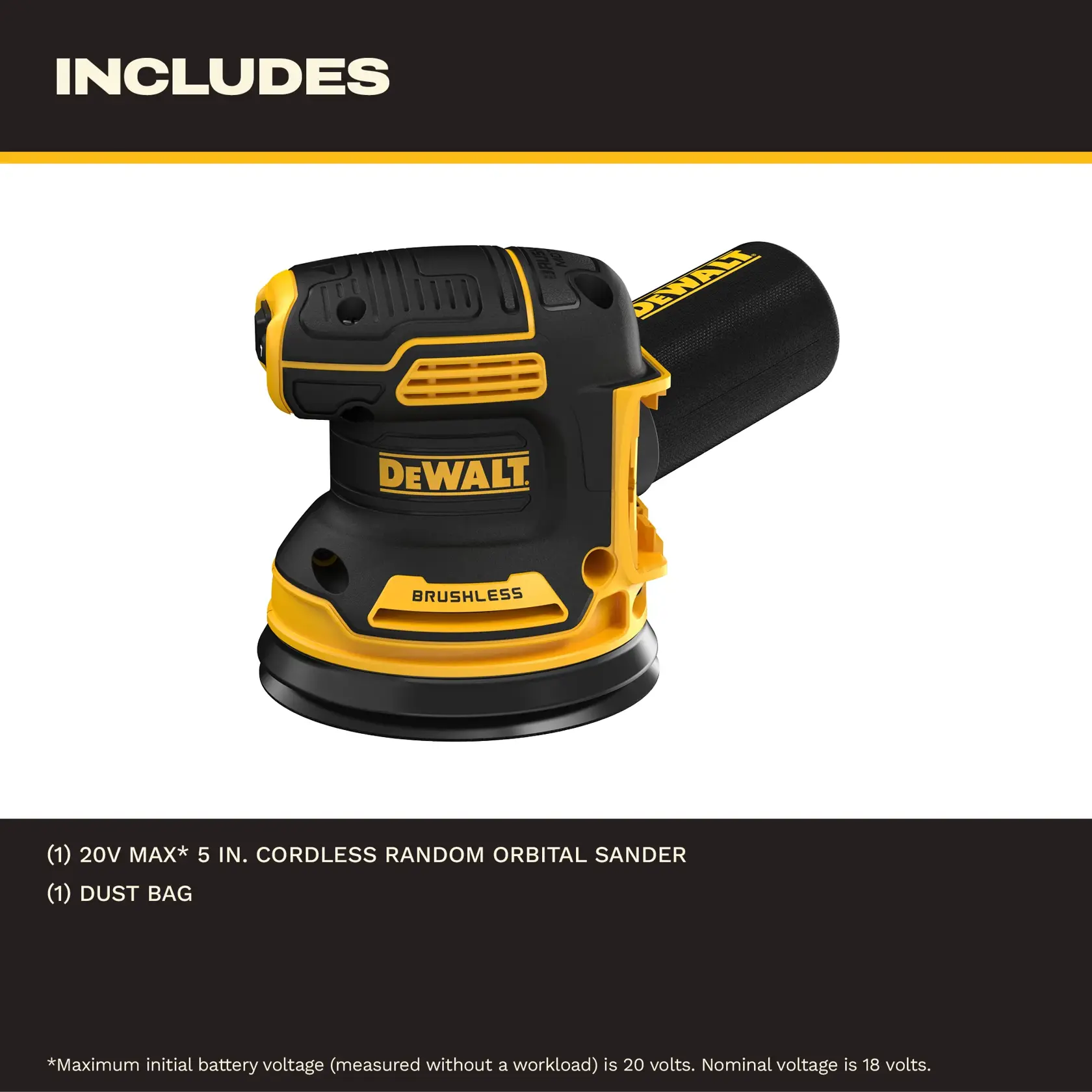 DEWALT cordless random orbital sander DCW210B and dust bag. Black and yellow tool with DEWALT branding.
