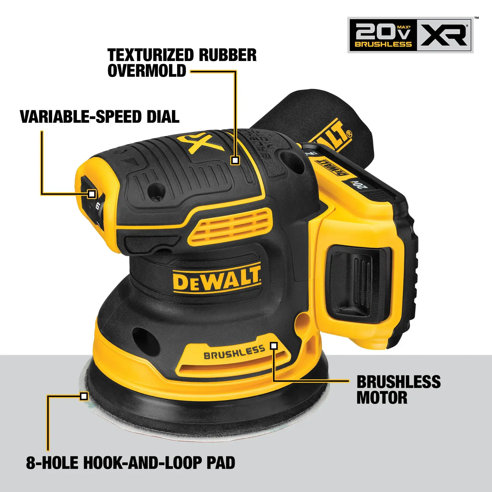 DEWALT 20V XR brushless sander with rubber grip, variable-speed dial, 8-hole pad, and brushless motor.