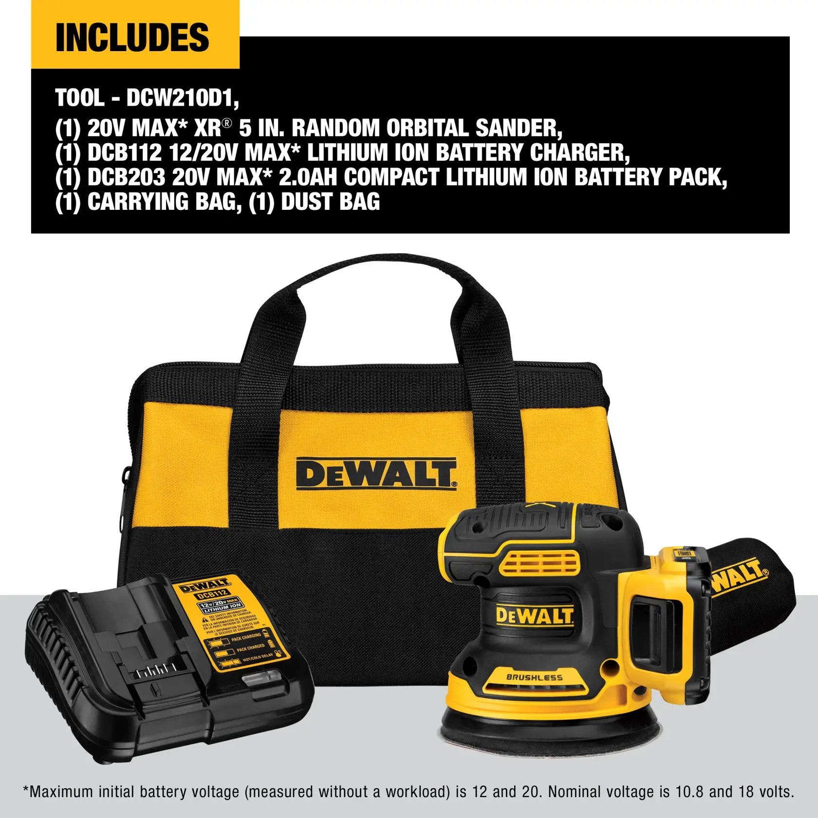 DEWALT 20V random orbital sander kit with battery, charger, carrying bag, and dust bag included.