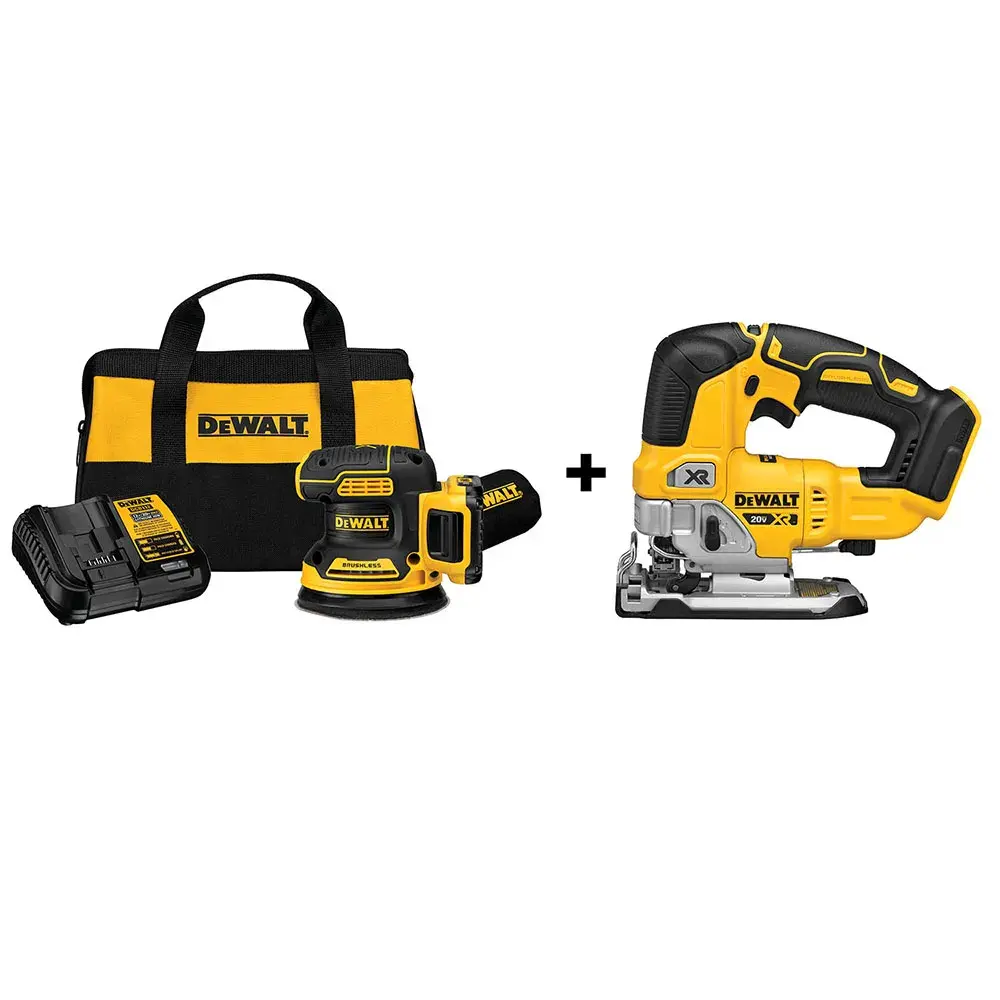 DEWALT tool kit with bag, charger, battery, sander, and cordless jigsaw displayed on white background.