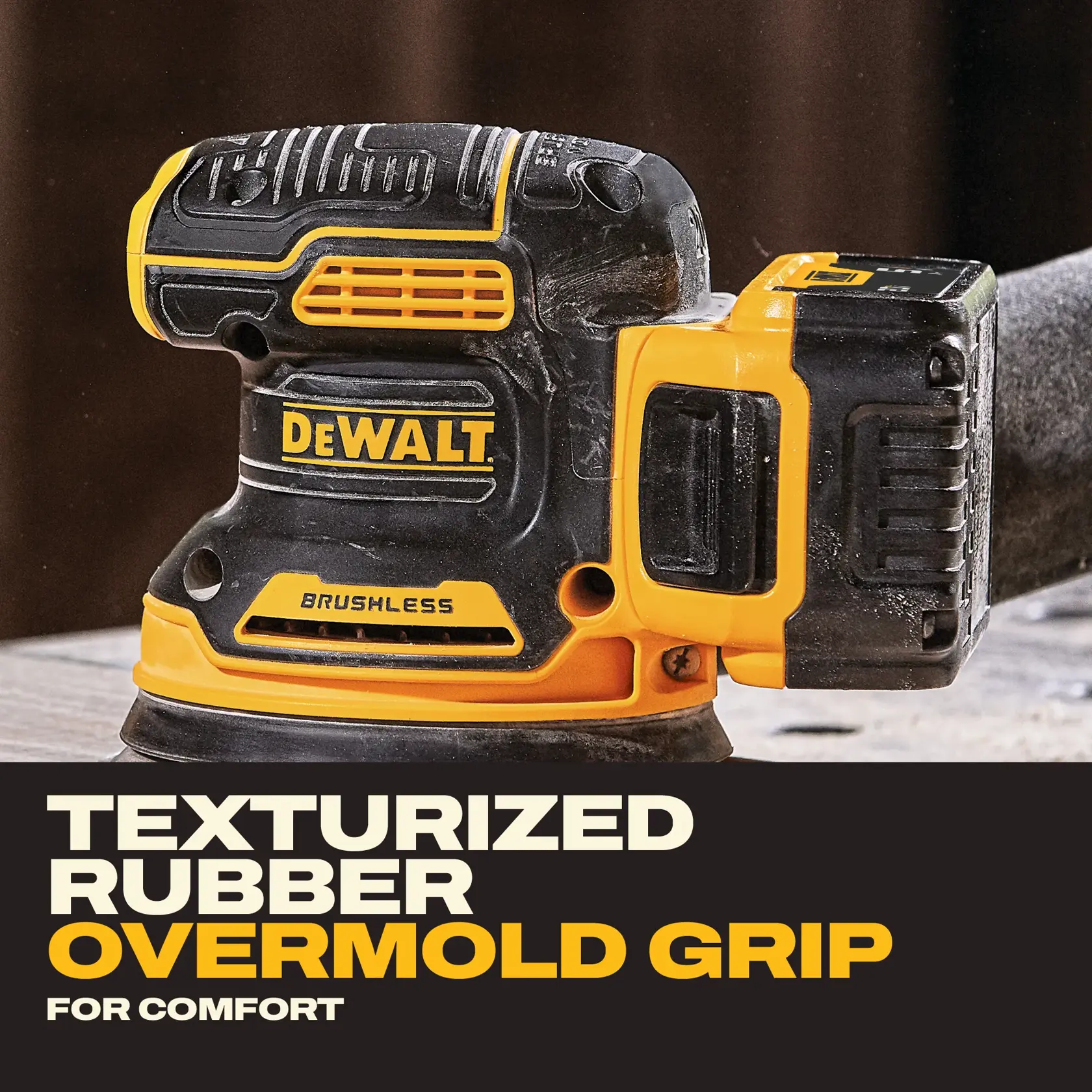 DEWALT tool close-up showing texturized rubber overmold grip and yellow-black design.