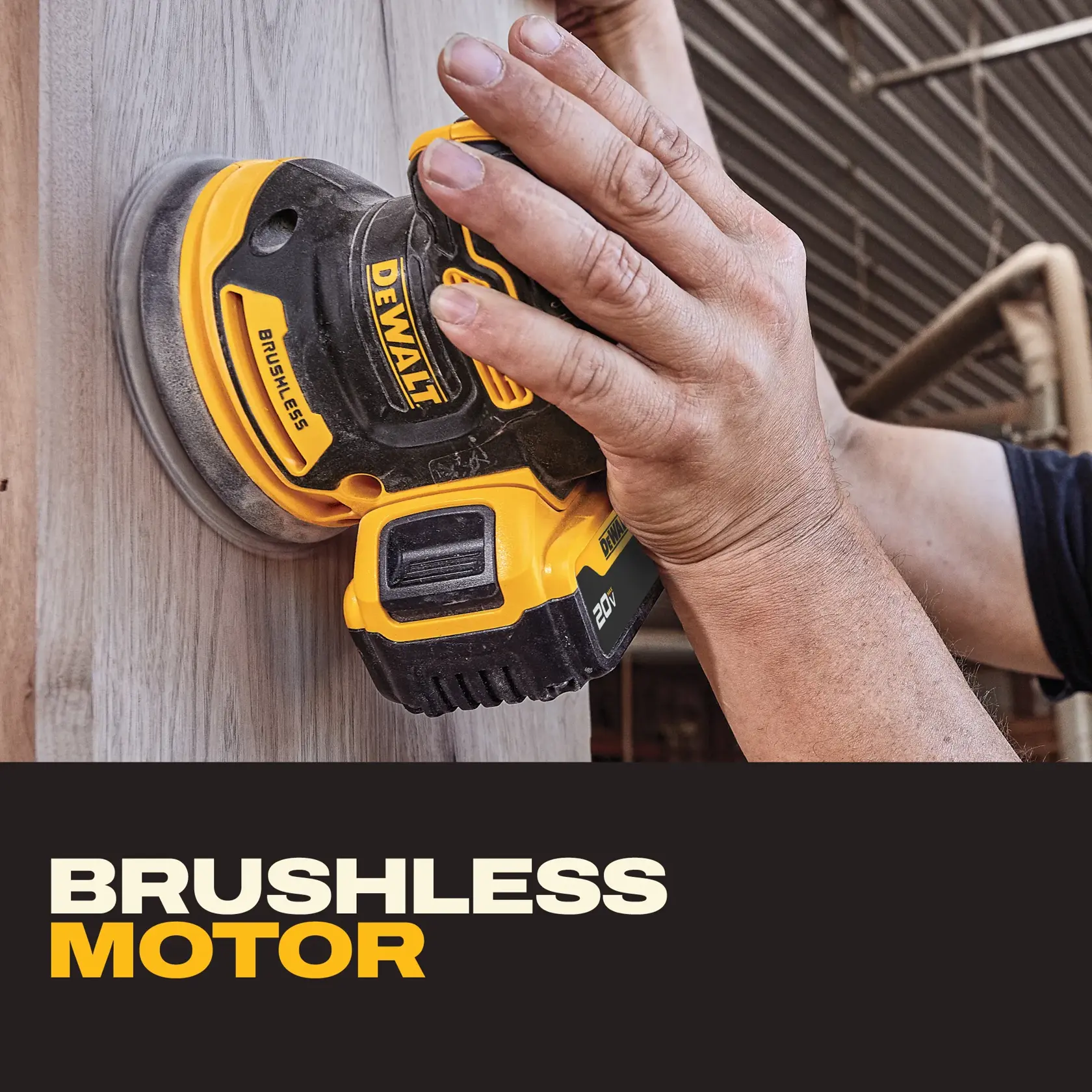DEWALT cordless sander with brushless motor being used to sand a wooden plank.