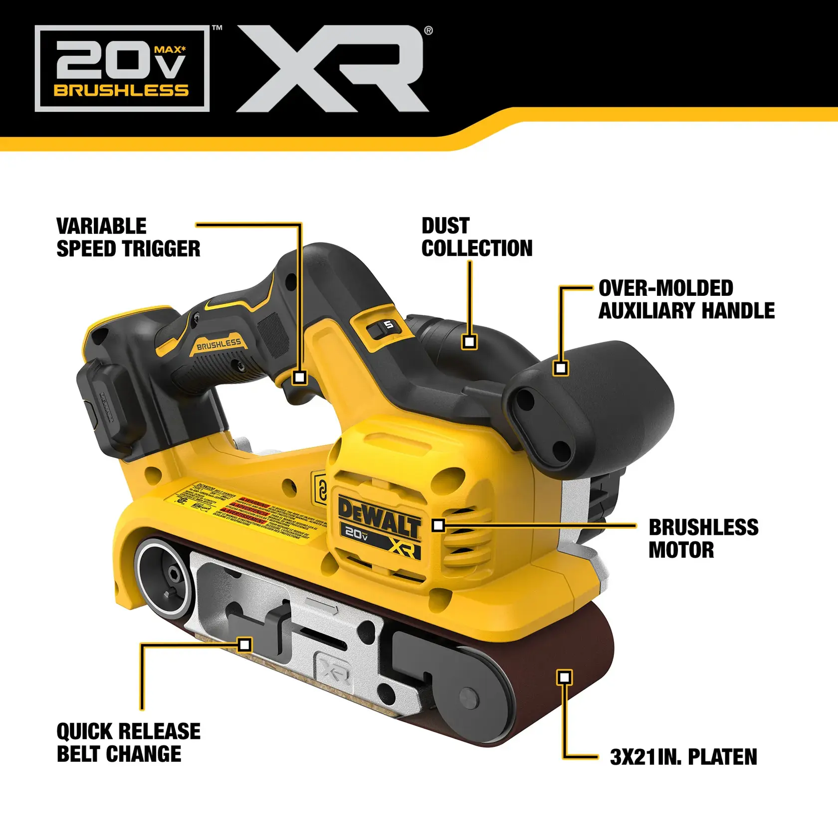 A DEWALT 20V MAX XR cordless brushless belt sander is shown with labeled features including variable speed trigger, dust collection, over-molded auxiliary handle, brushless motor, quick release belt change, and 3x21 inch platen.