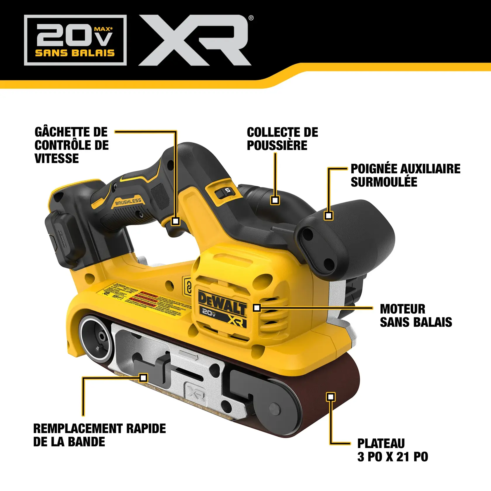 A DEWALT 20V MAX XR cordless brushless belt sander is shown with labeled features including variable speed trigger, dust collection, over-molded auxiliary handle, brushless motor, quick release belt change, and 3x21 inch platen.