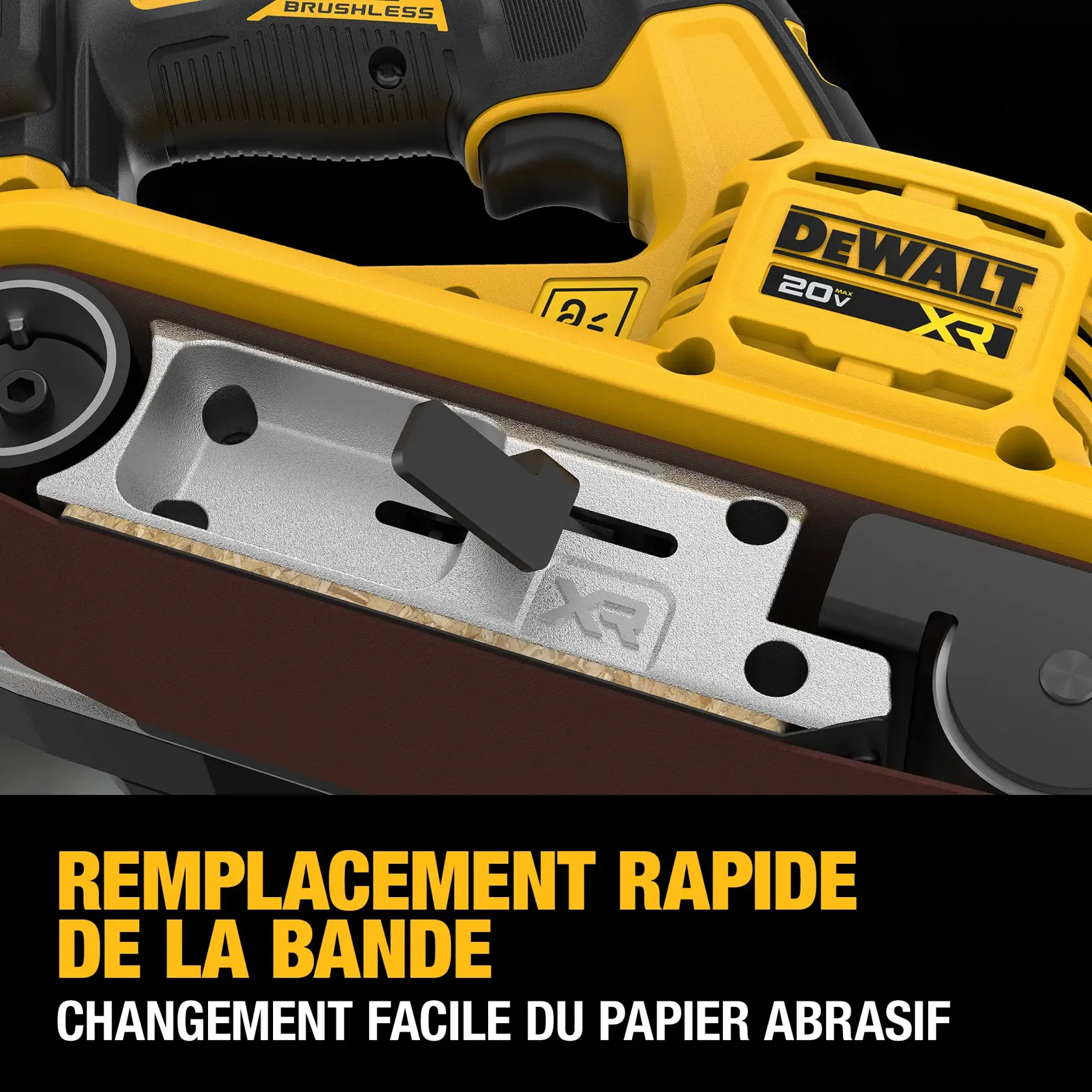 Close-up view of a DEWALT 20V XR brushless power tool, specifically a belt sander, showing a quick-release mechanism for easy sanding belt replacement. Text in French on the image highlights the quick band replacement and easy abrasive paper change features.