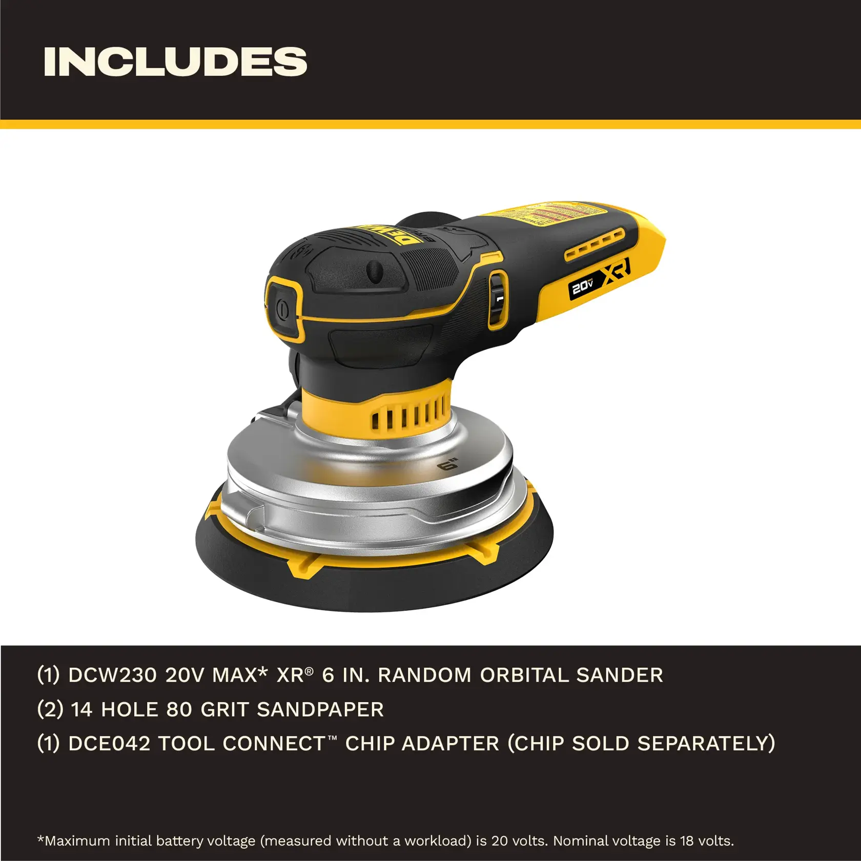 Ponceuse orbitale aléatoire DEWALT 20V MAX XR de 6 pouces avec un design noir et jaune, présentée avec les accessoires inclus : papier abrasif 80 grains à 14 trous et adaptateur de puce Tool Connect DCE042 (puce vendue séparément).