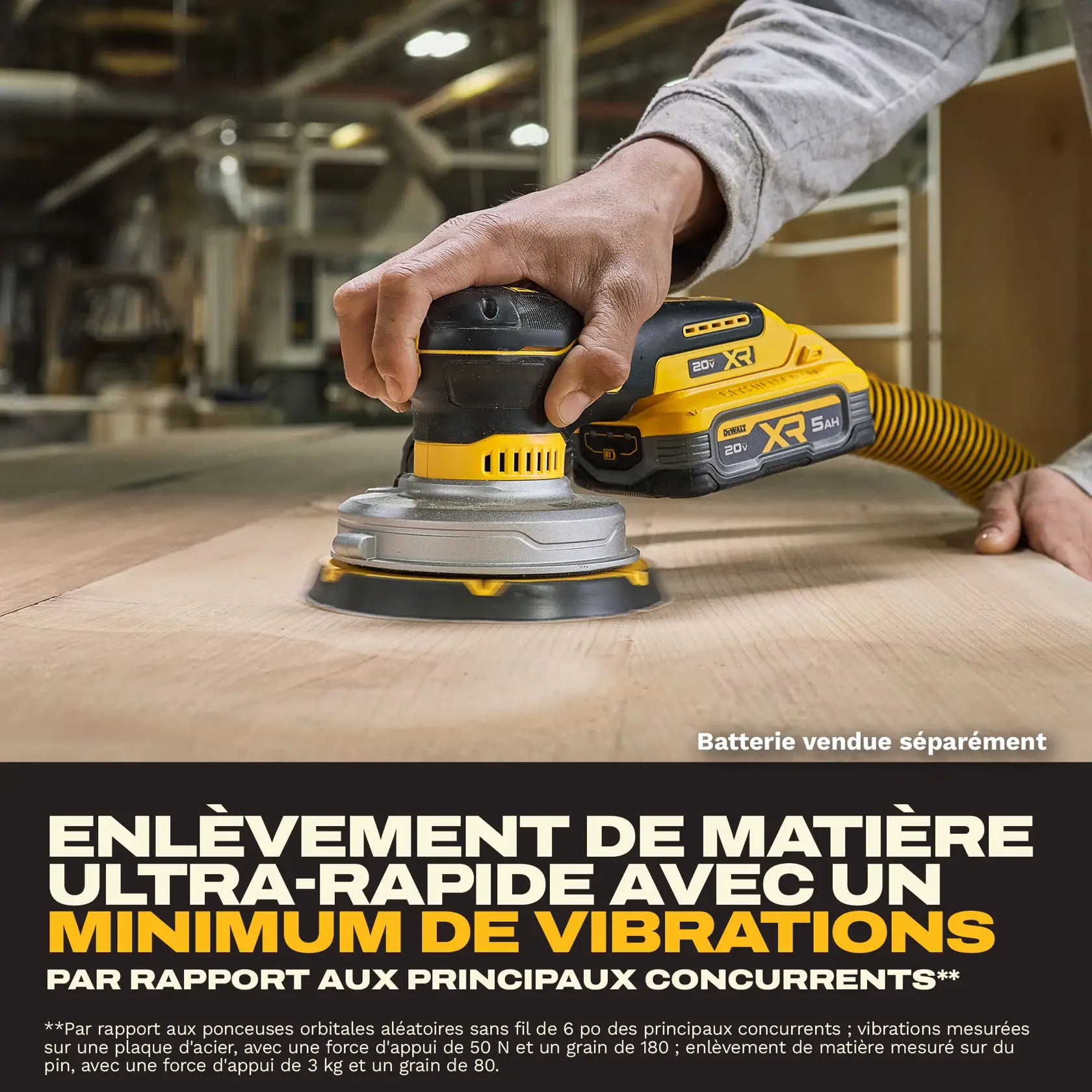 Une personne utilise une ponceuse orbitale aléatoire sans fil DEWALT 20V (modèle XR 5.0Ah) sur une surface en bois dans un atelier. Le produit est mis en avant pour son enlèvement rapide de matière et ses faibles vibrations par rapport aux principaux concurrents. Le texte indique que la batterie est vendue séparément.