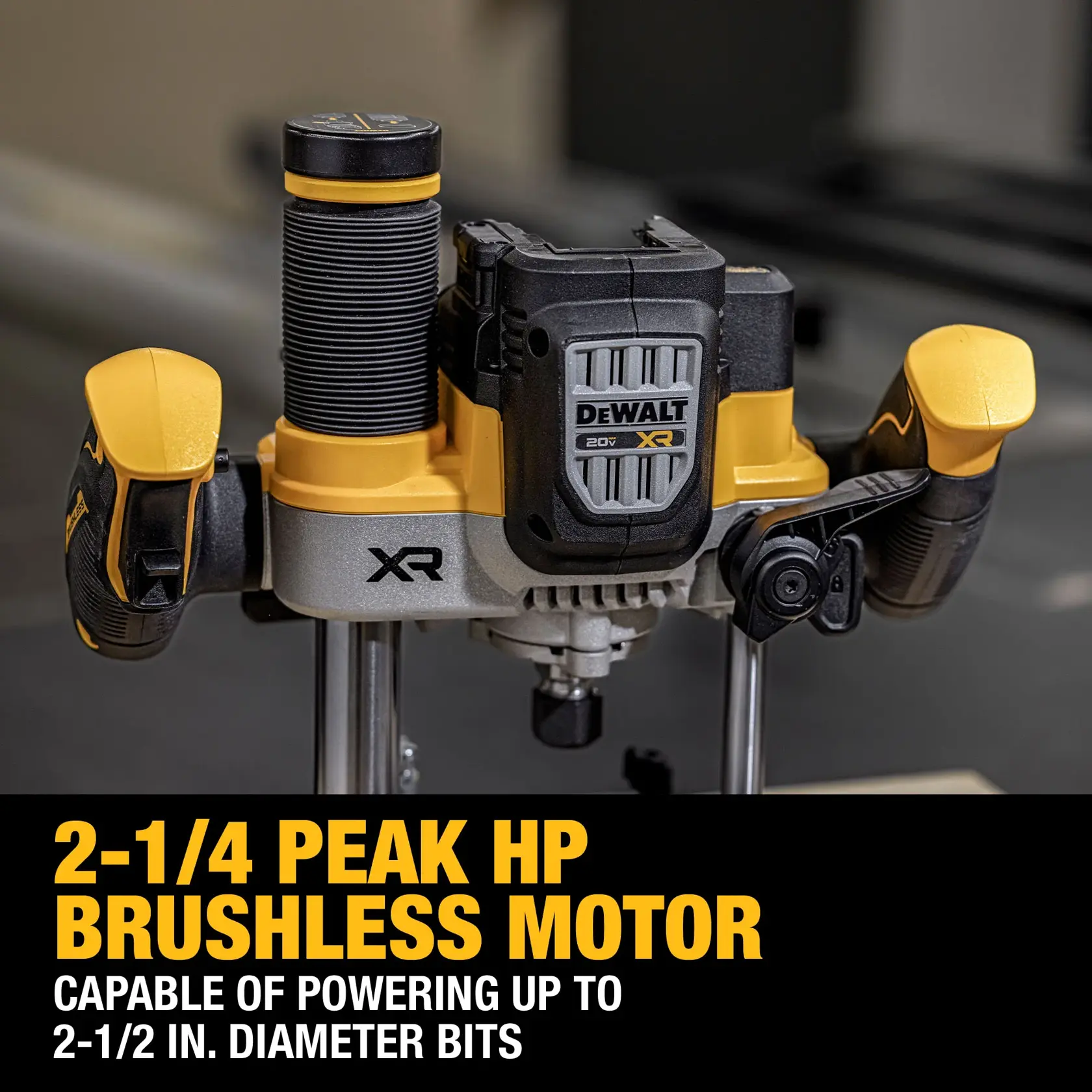 A DEWALT 20V XR cordless router with brushless motor is shown. The tool has a 2-1/4 peak HP motor, capable of powering up to 2-1/2 inch diameter bits. The image highlights the handles and motor housing, with bold text describing its features.
