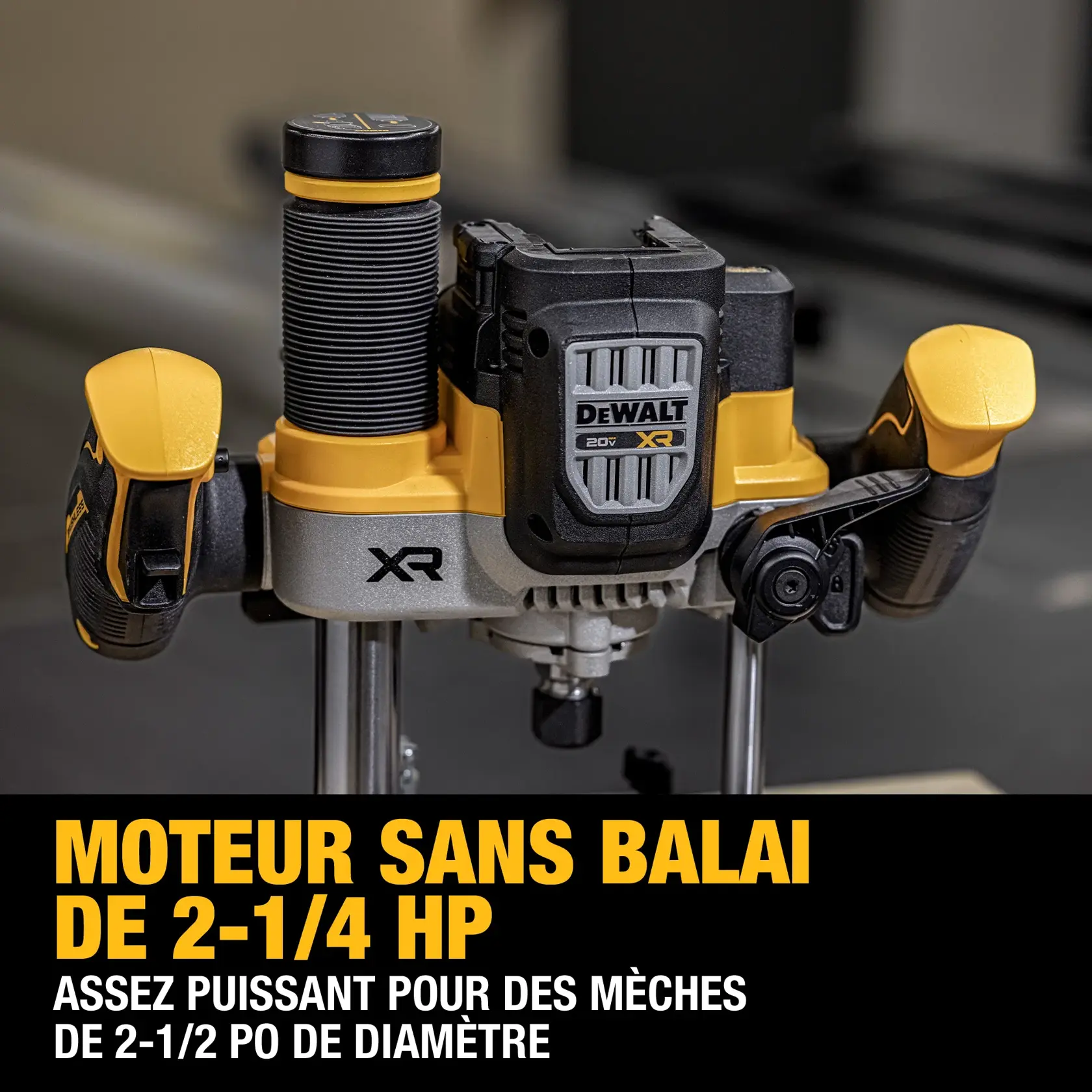 A DEWALT 20V XR cordless router with brushless motor is shown. The tool has a 2-1/4 peak HP motor, capable of powering up to 2-1/2 inch diameter bits. The image highlights the handles and motor housing, with bold text describing its features.