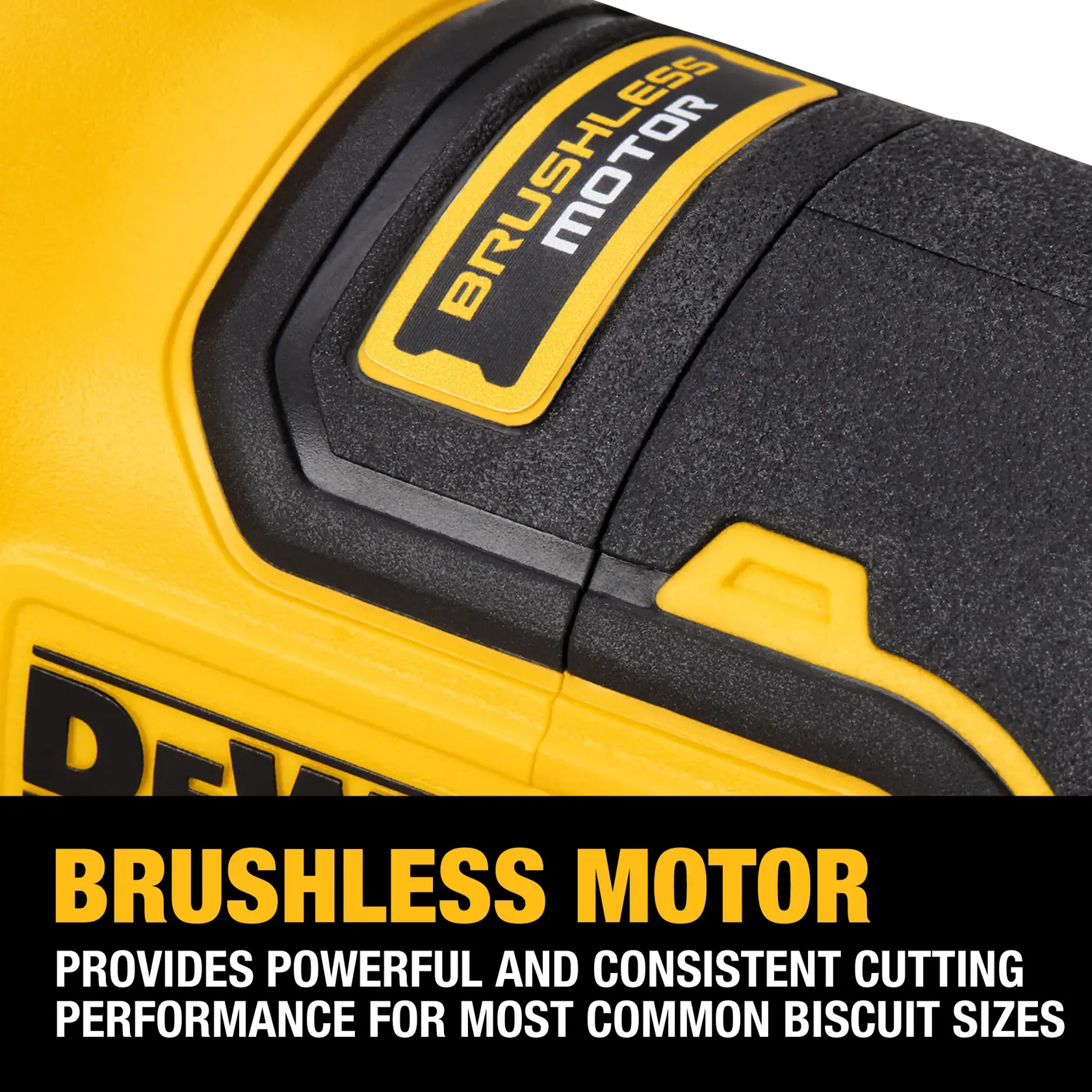 Close-up image of a DEWALT tool featuring a brushless motor. Text overlay highlights 'BRUSHLESS MOTOR' and states it provides powerful and consistent cutting performance for most common biscuit sizes.
