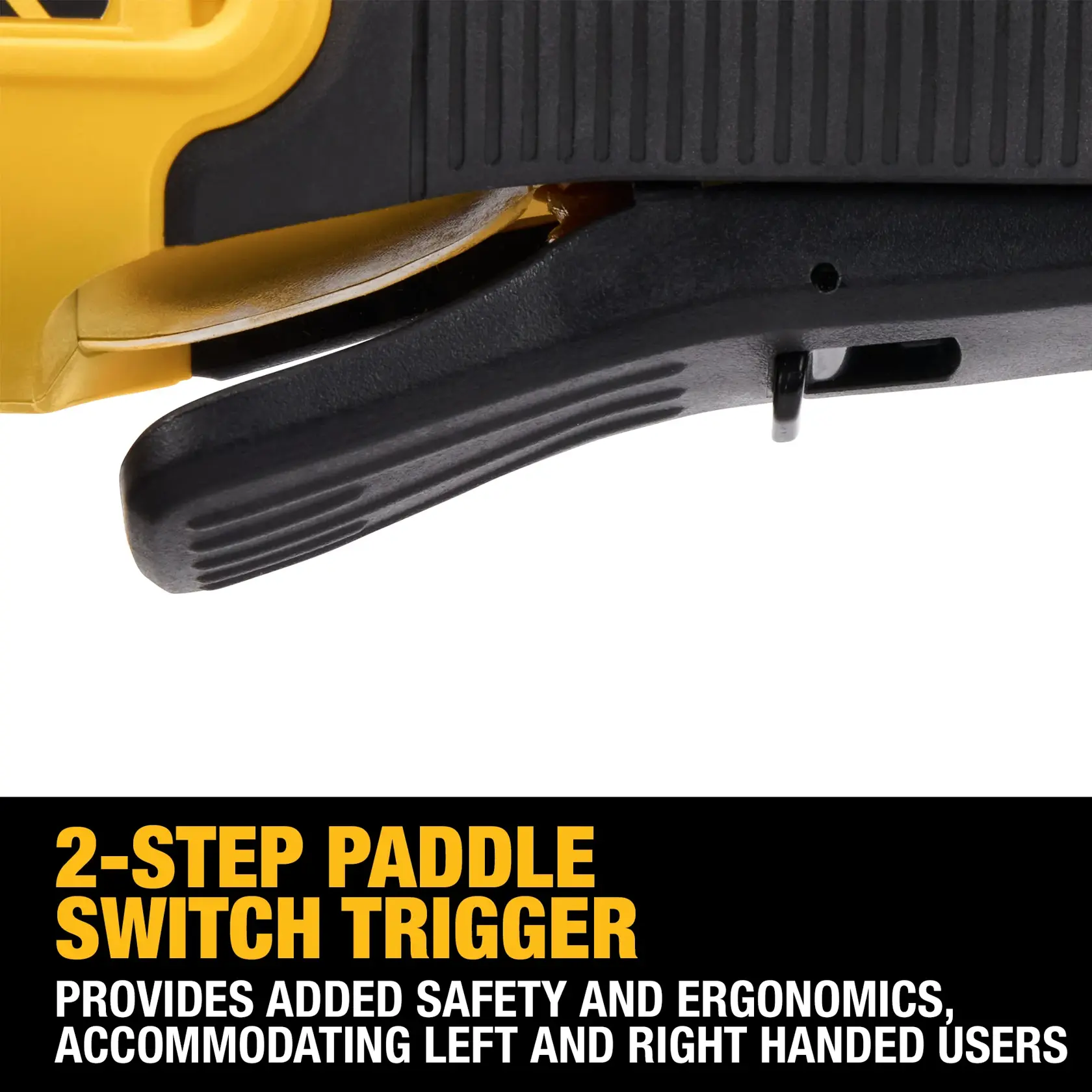 Close-up of a DEWALT DCW682B tool showing the 2-step paddle switch trigger with text indicating it provides added safety and ergonomics, accommodating left and right handed users.