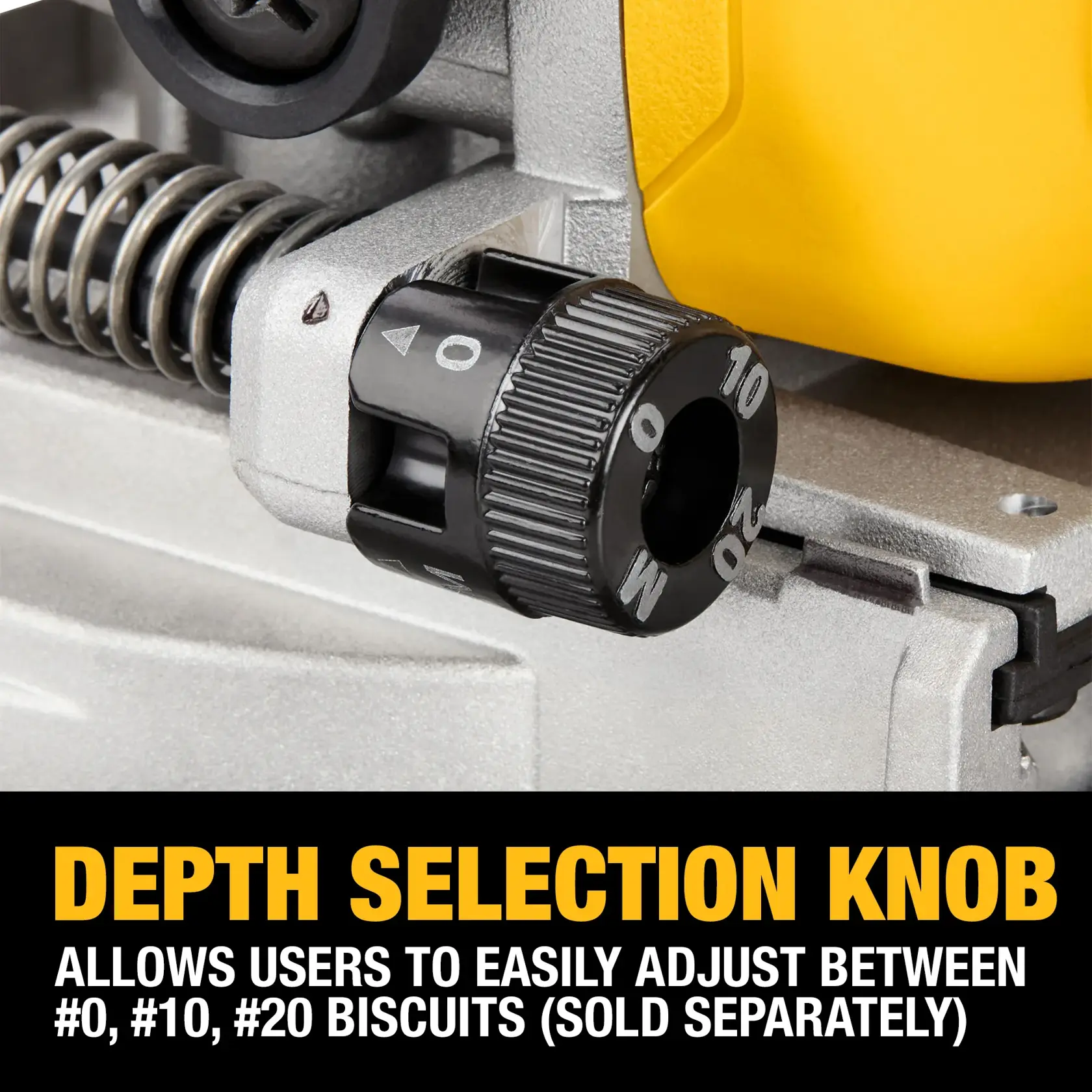 Close-up image of a DEWALT tool featuring a depth selection knob, which allows users to easily adjust between #0, #10, and #20 biscuits. The product text says biscuits are sold separately.