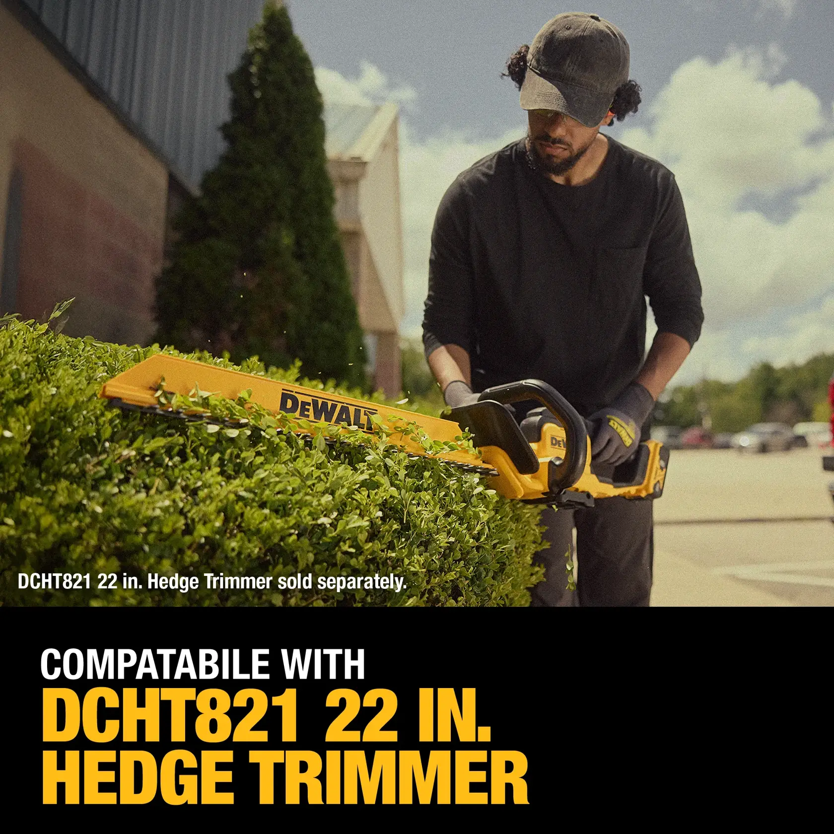 A person wearing a black shirt, gloves, and a cap is using a yellow DEWALT hedge trimmer outdoors to trim a green hedge. The image includes text indicating compatibility with the DCHT821 22-inch hedge trimmer.