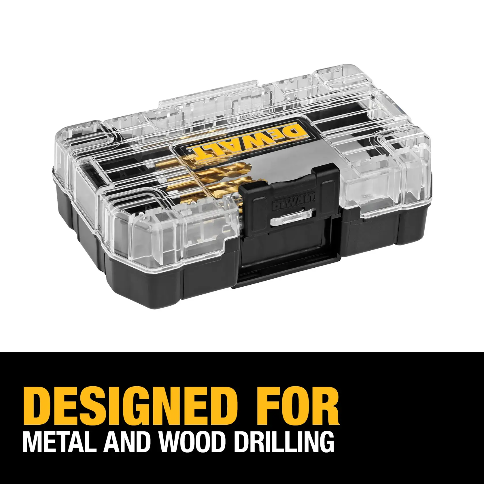 A DEWALT drill bit set in a transparent and black plastic case, designed for metal and wood drilling, with the text 'DESIGNED FOR METAL AND WOOD DRILLING' displayed below the case.