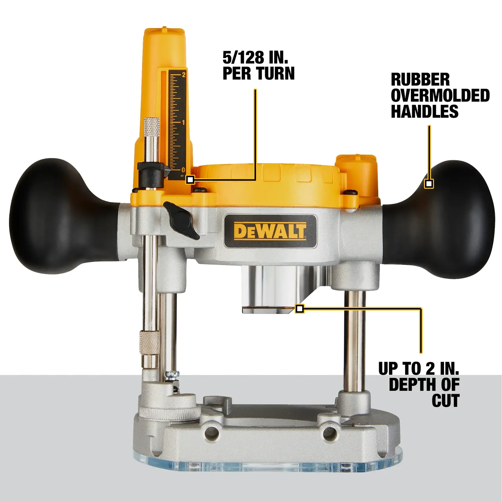 Front view of a DEWALT plunge router showing key features labeled: 5/128 inch per turn adjustment, rubber overmolded handles, and up to 2 inch depth of cut. The router is yellow and silver with black handles.