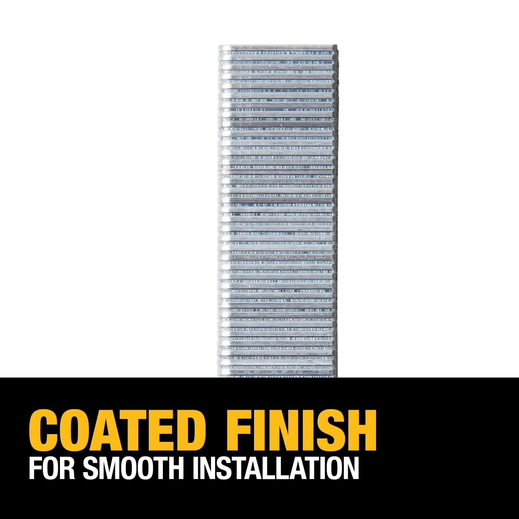 A stack of DEWALT coated finish nails is shown above a black banner with yellow and white text that reads: 'Coated Finish for Smooth Installation.'