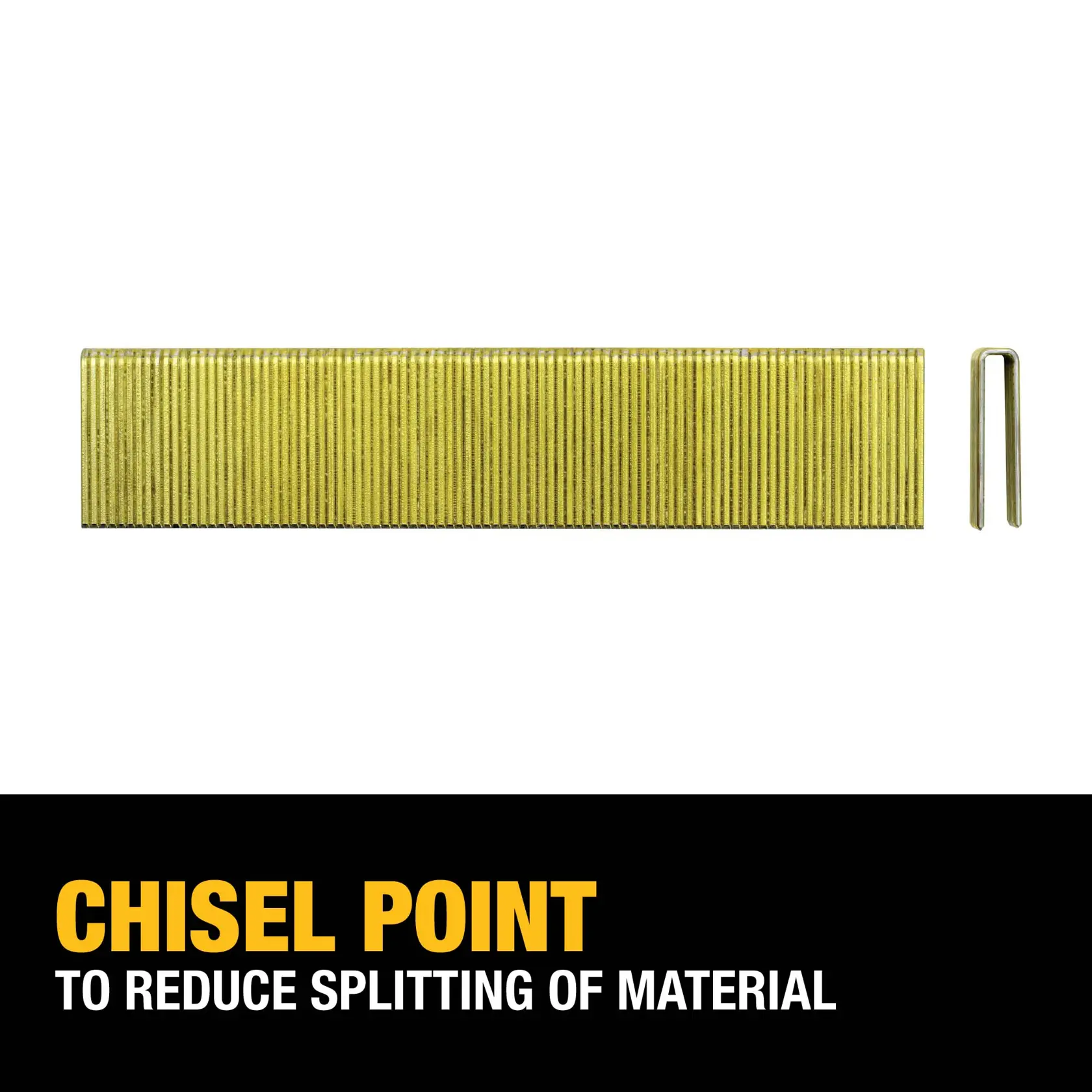 A row of DEWALT staples with chisel point feature to reduce splitting of material, shown on a white background.