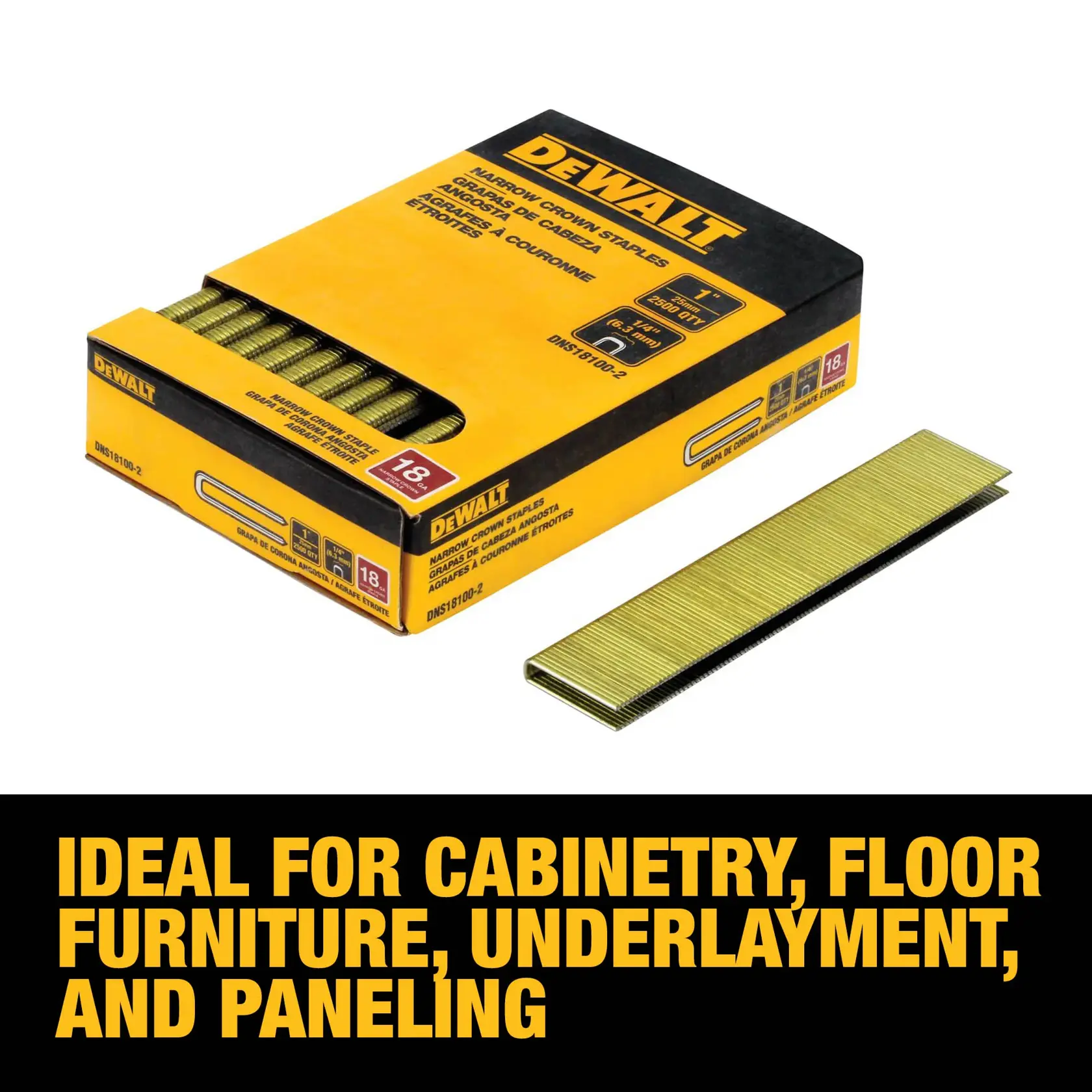 DEWALT narrow crown staples box and staples, ideal for cabinetry, flooring, underlayment, and paneling.