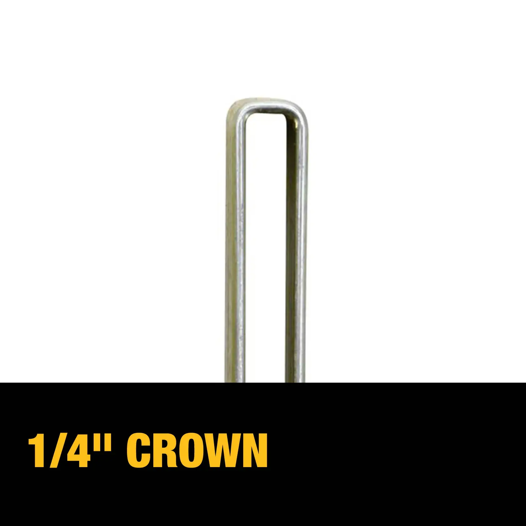 Close-up of a DEWALT metal staple with a 1/4 inch crown, shown with the text '1/4" CROWN' in bold yellow letters on a black background.
