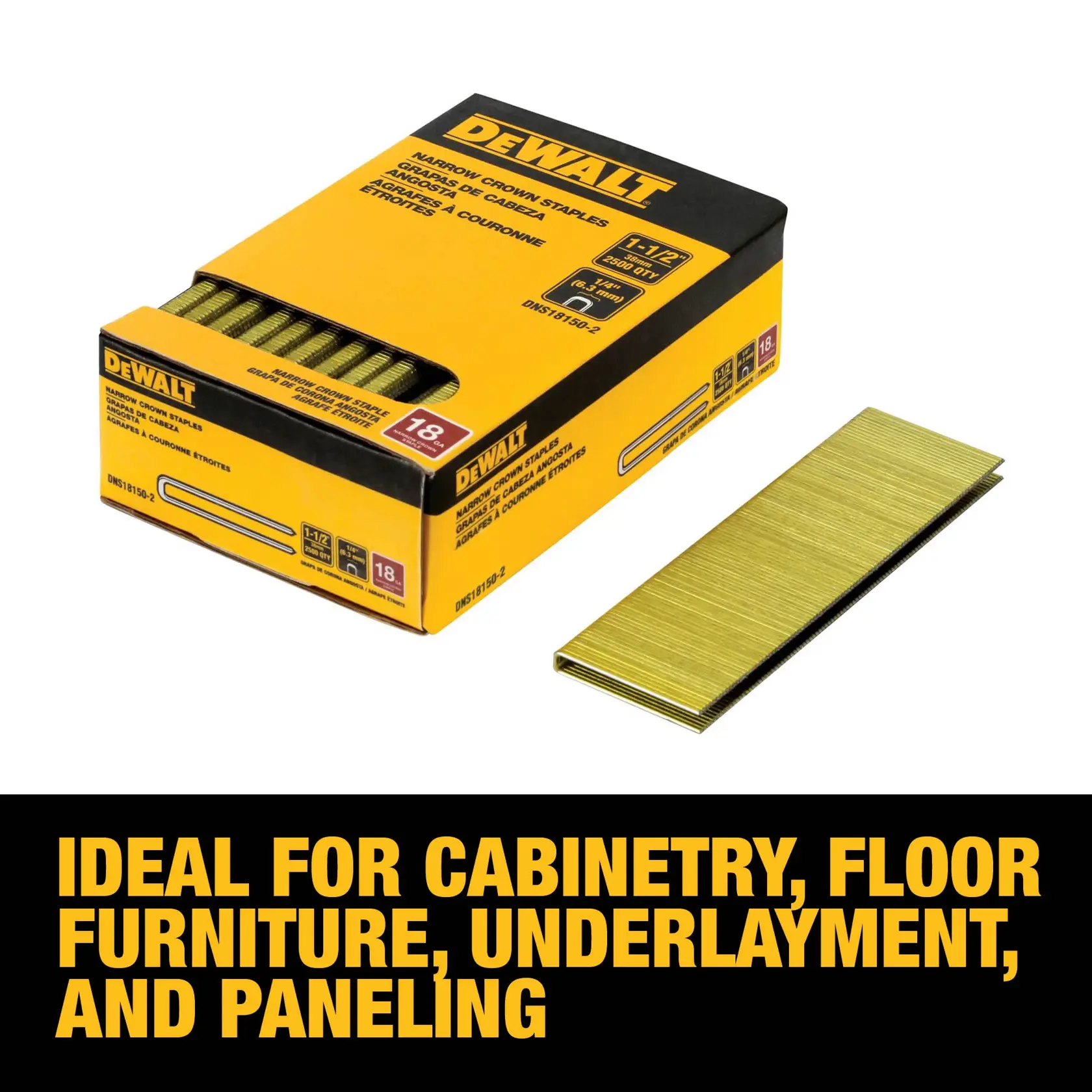 Box of DEWALT narrow crown staples, SKU DNS18150-2, suitable for cabinetry, floor furniture, underlayment, and paneling. Includes a stack of staples next to the box.