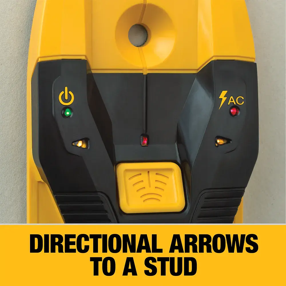 Close-up image of a DEWALT DW0100 stud finder, showing its control panel with directional arrows, power button, and AC detection indicator. Text at the bottom reads 'DIRECTIONAL ARROWS TO A STUD' in bold black letters on a yellow background.