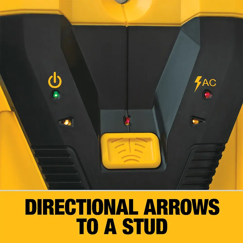 Close-up of a DEWALT electronic tool display with directional arrows and indicator lights, featuring the text 'DIRECTIONAL ARROWS TO A STUD' in bold yellow and black.