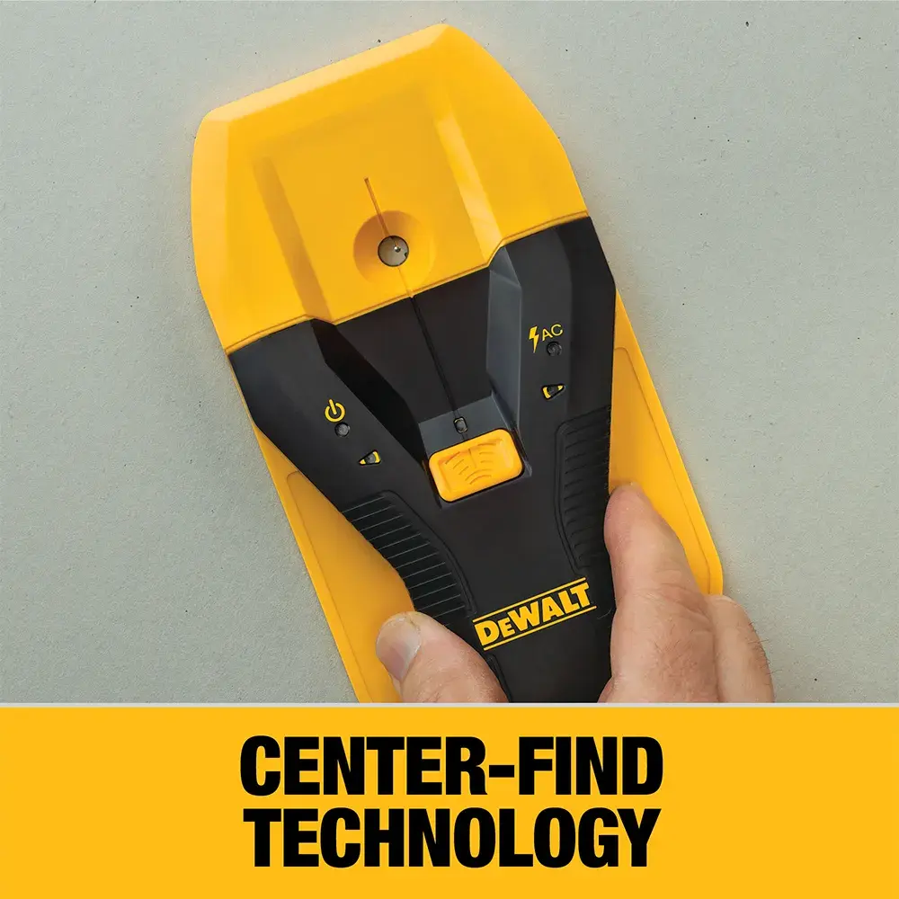 A DEWALT handheld center-finding stud finder with black and yellow design held against a wall, featuring the words 'CENTER-FIND TECHNOLOGY' in bold letters below the device.
