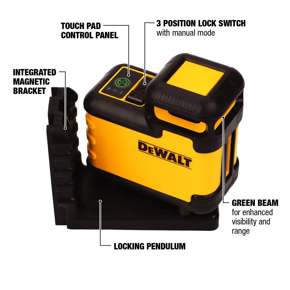 DEWALT laser level tool featuring a yellow and black body with labeled parts including a touch pad control panel, integrated magnetic bracket, locking pendulum, three-position lock switch with manual mode, and green beam for enhanced visibility and range.