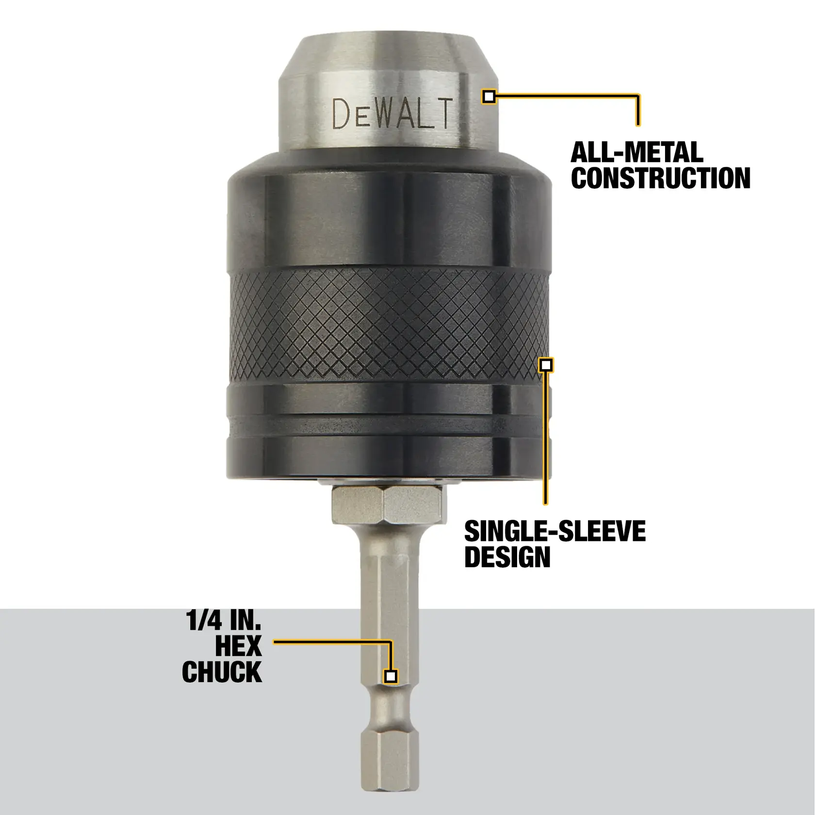 Close-up of a DEWALT branded drill chuck. The image highlights features including all-metal construction, a single-sleeve design, and a 1/4 inch hex chuck.