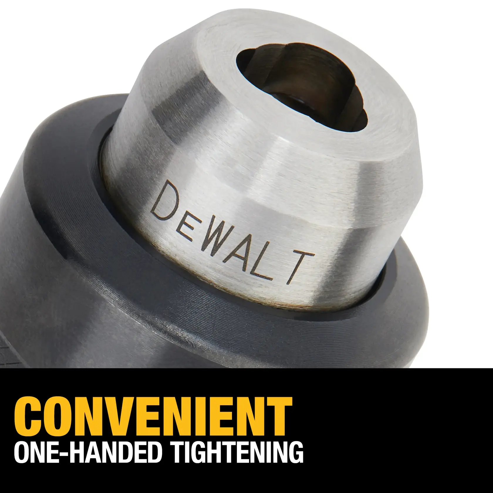 Close-up view of a DEWALT drill chuck with a metallic finish, highlighting its convenient one-handed tightening feature.