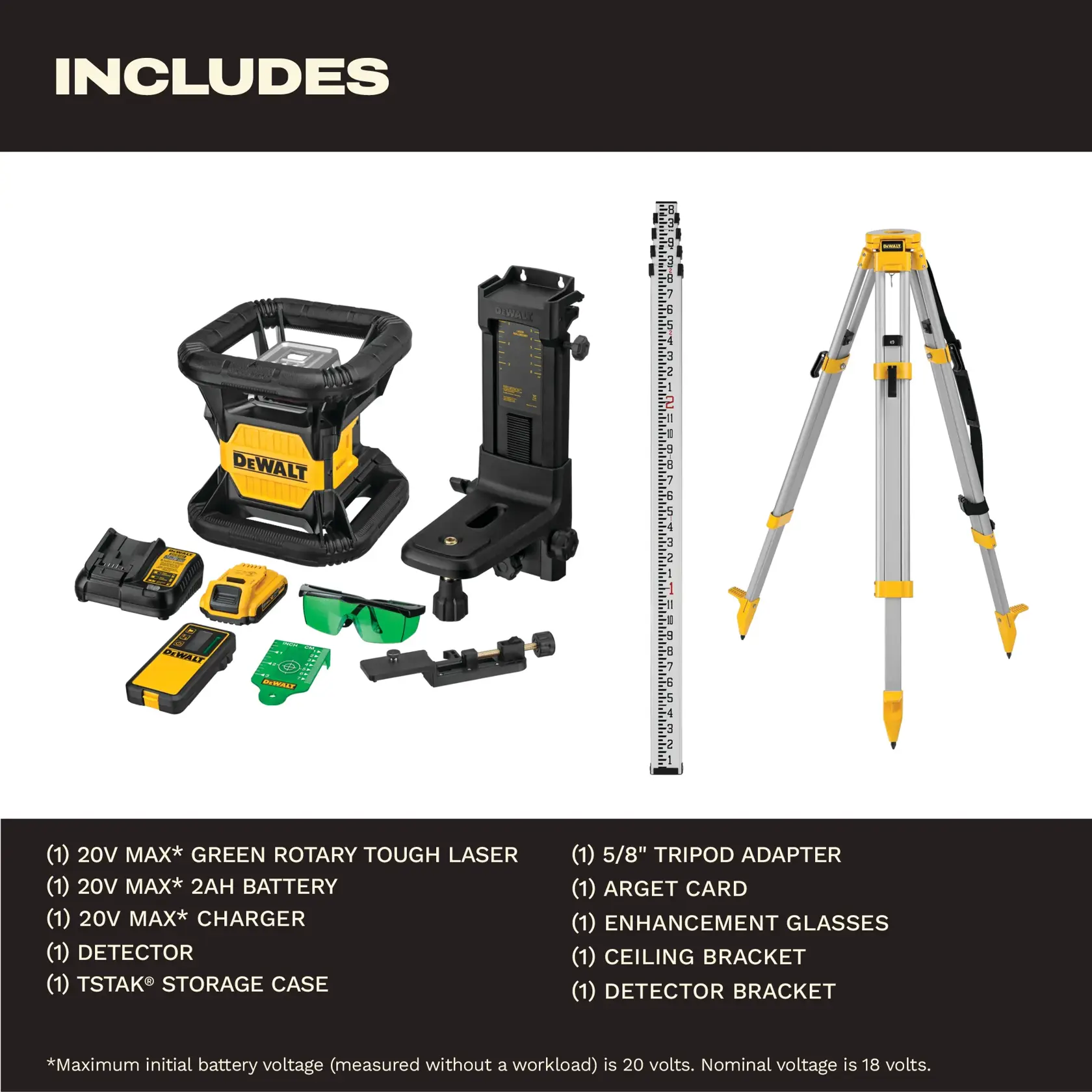 Product contents of the DEWALT DW079LG laser kit displayed. Includes a green rotary tough laser, 20V MAX 2Ah battery, 20V MAX charger, detector, TSTAK storage case, 5/8 inch tripod adapter, target card, enhancement glasses, ceiling bracket, and detector bracket. All items are shown along with a tripod and measuring rod.