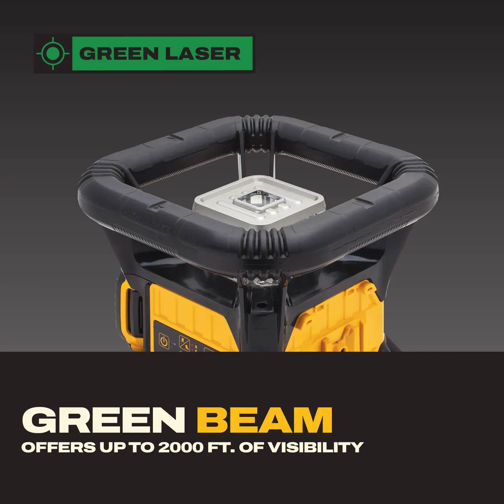 DEWALT DW079LG device featuring a green laser beam technology, advertised as offering up to 2000 feet of visibility. The product is primarily yellow and black, with protective framing around its laser component.
