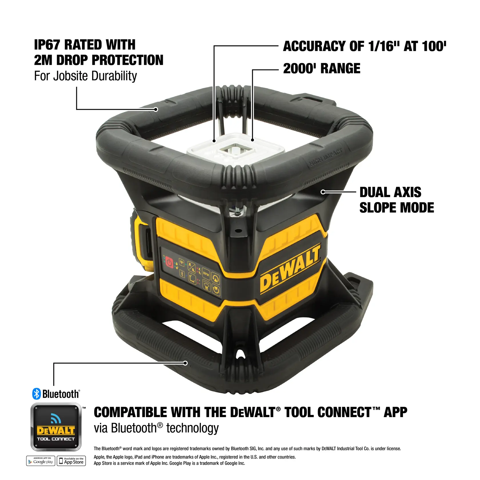 Image of a DEWALT DW080LRS rotary laser level. The laser has a rugged black and yellow design with rubberized handles. Key features highlighted in the image are: IP67 rating with 2 meter drop protection for jobsite durability, accuracy of 1/16 inch at 100 feet, 2000 foot range, dual axis slope mode, and Bluetooth compatibility with the DEWALT Tool Connect app.