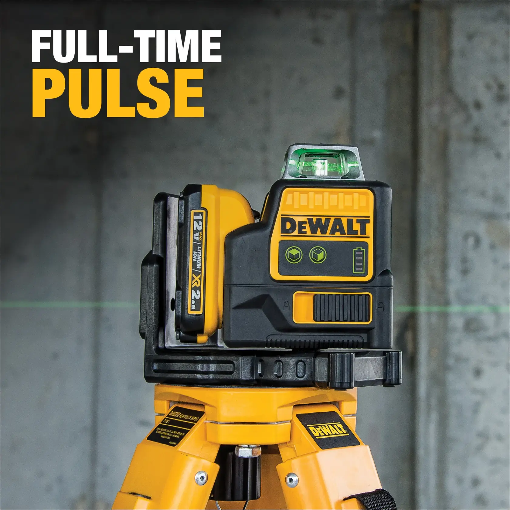 A DEWALT DW0811LG green beam laser level mounted on a tripod, with the words 'FULL-TIME PULSE' displayed in bold white and yellow text. The device features visible green laser lines and a rechargeable battery.