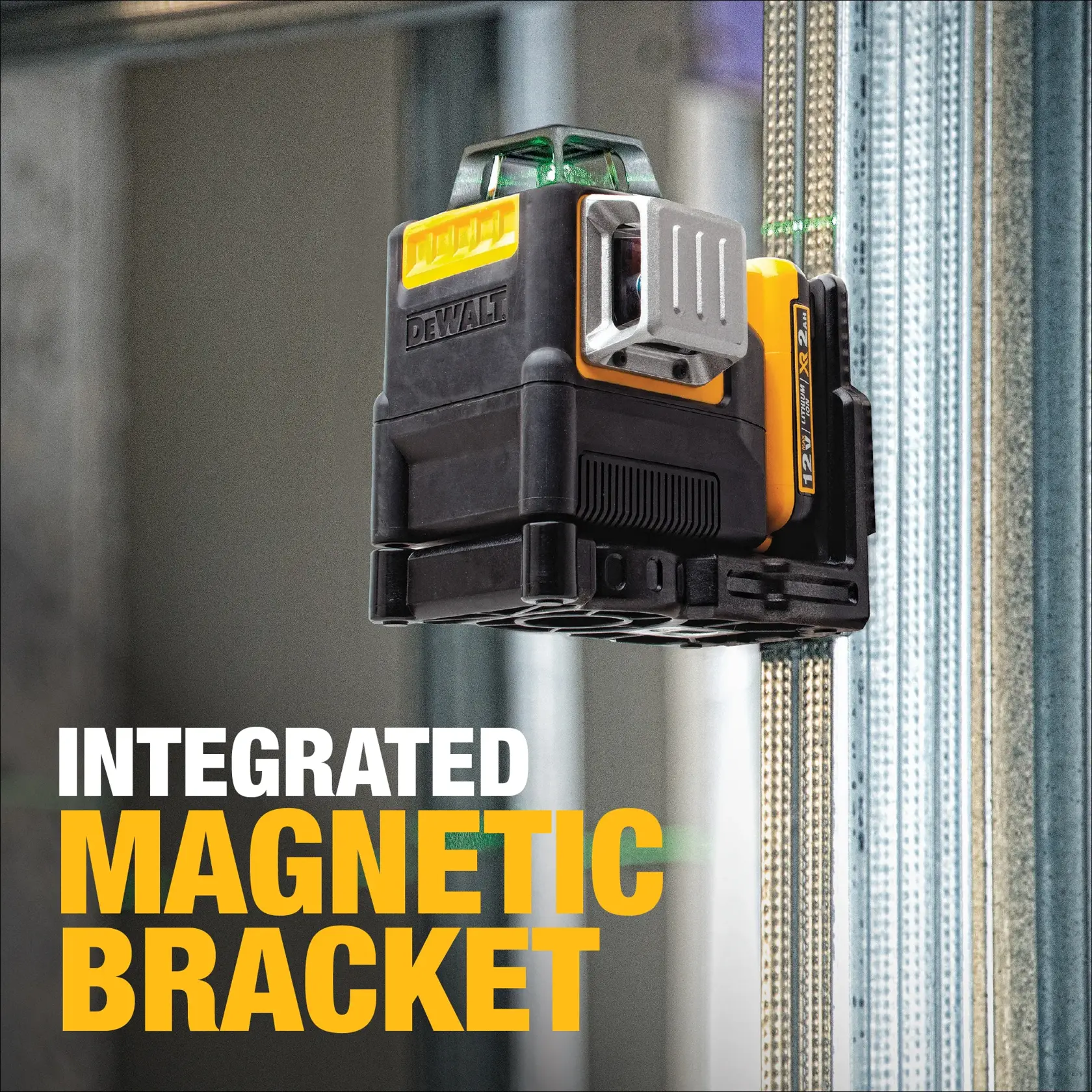 A DEWALT laser level attached to a metal surface using its integrated magnetic bracket. The device is black and yellow with green laser lines visible, positioned indoors. Bold text on the image reads 'Integrated Magnetic Bracket'.