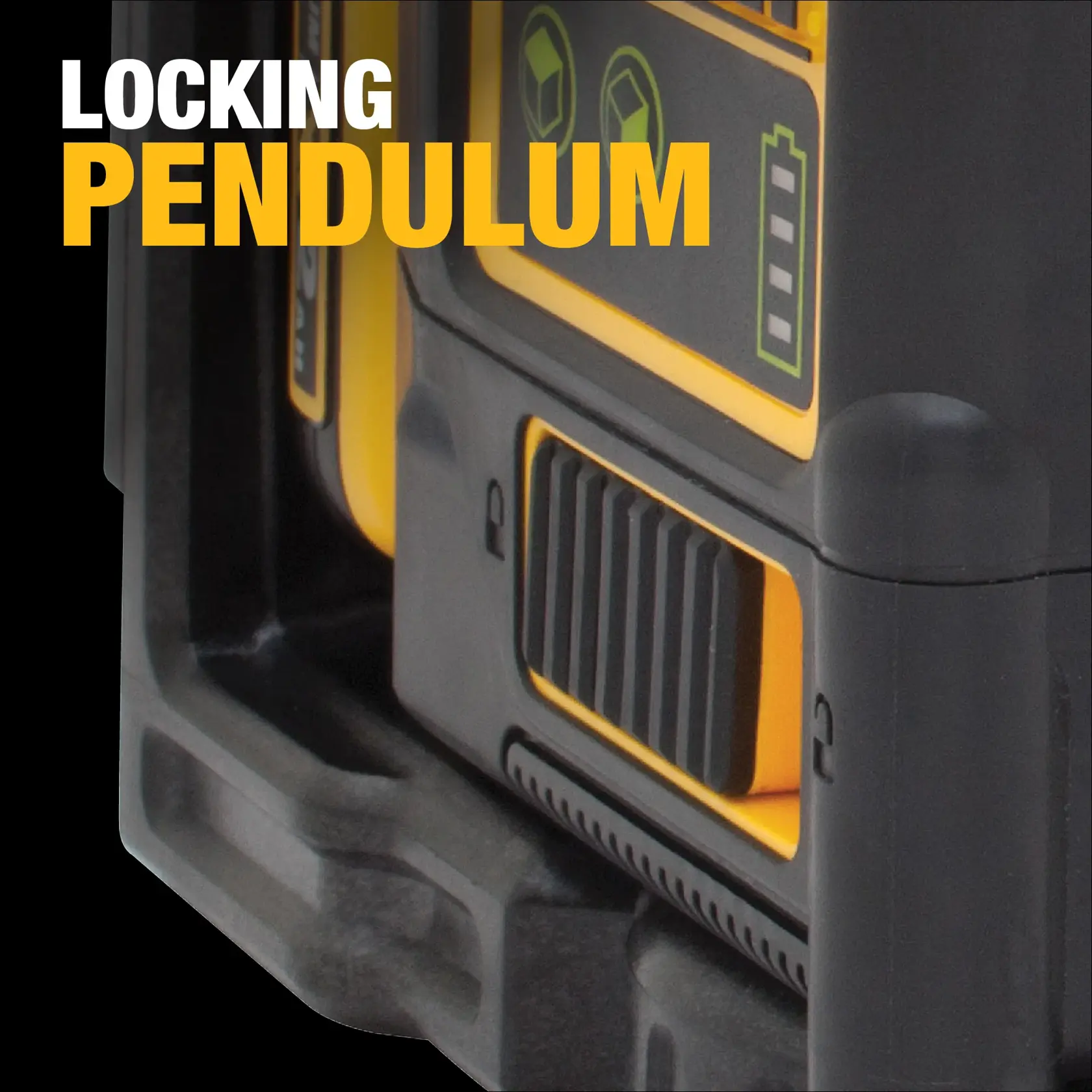 Close-up of a DEWALT tool with a locking pendulum feature, showing a black and yellow casing and control panel.