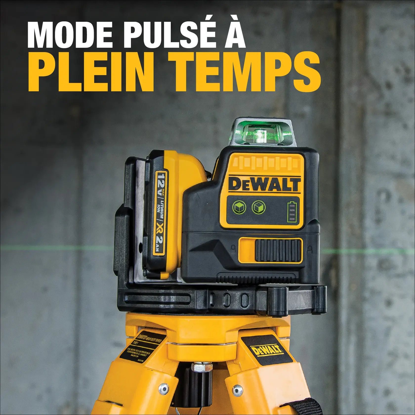 A DEWALT DW0811LG green beam laser level mounted on a tripod, with the words 'FULL-TIME PULSE' displayed in bold white and yellow text. The device features visible green laser lines and a rechargeable battery.