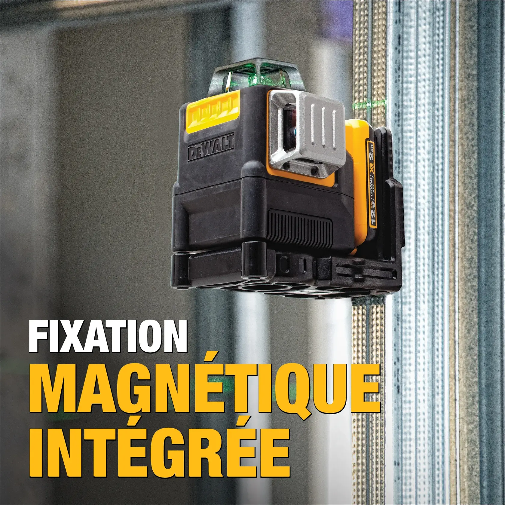 A DEWALT laser level attached to a metal surface using its integrated magnetic bracket. The device is black and yellow with green laser lines visible, positioned indoors. Bold text on the image reads 'Integrated Magnetic Bracket'.