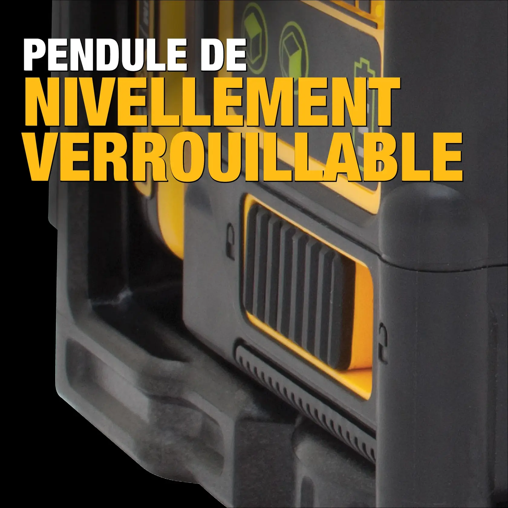 Close-up of a DEWALT tool with a locking pendulum feature, showing a black and yellow casing and control panel.