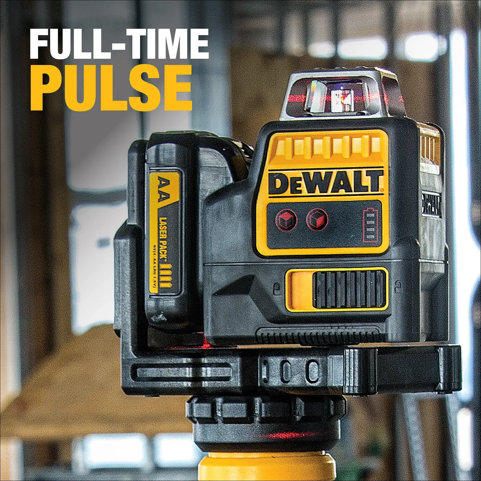 Close-up of a DEWALT DW0811LR laser level device mounted on a stand, with 'FULL-TIME PULSE' text in the background. The device has visible battery compartment labeled 'AA LASER PACK' and yellow DEWALT branding.