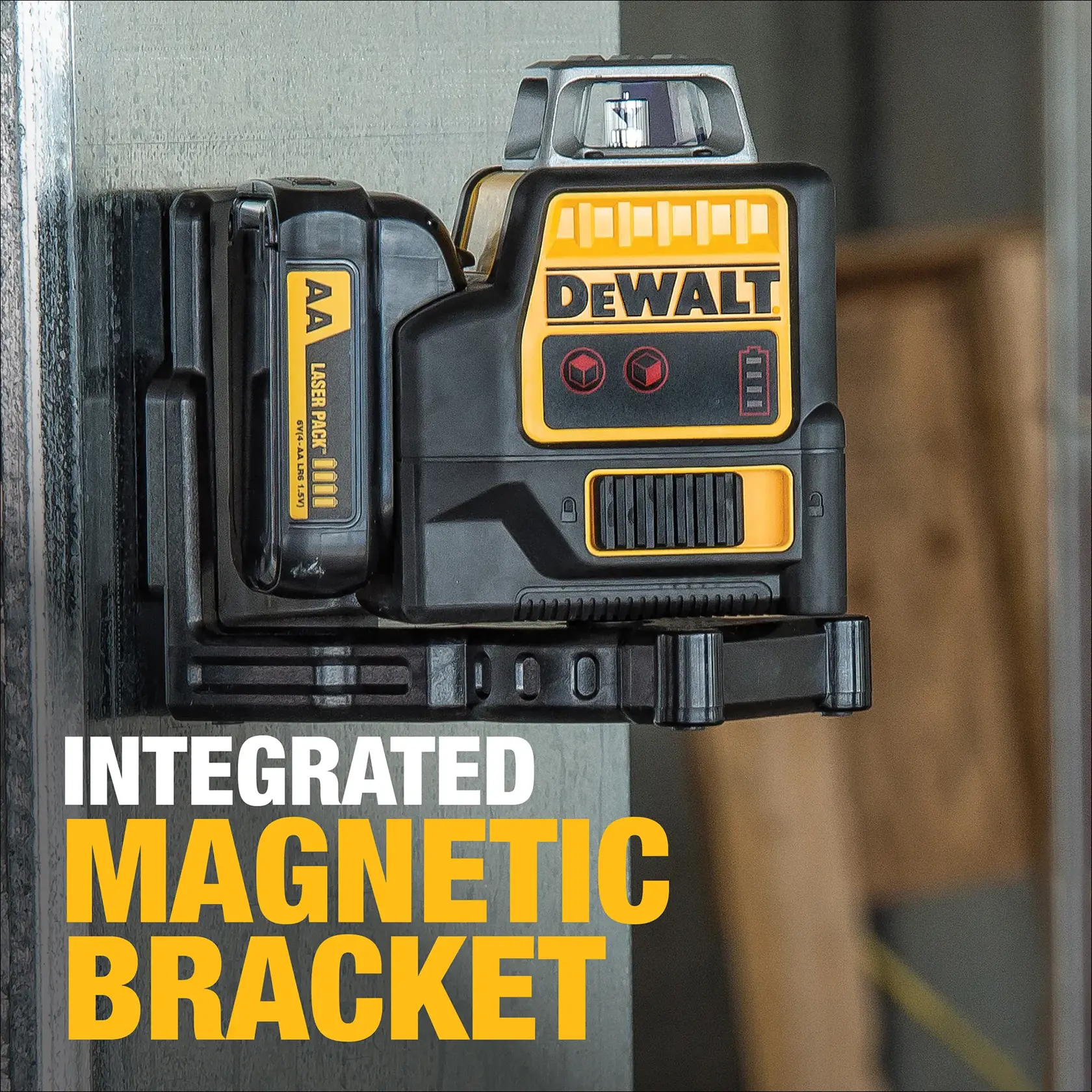 A DEWALT laser level tool with an integrated magnetic bracket is attached to a metal surface. The device is black and yellow, with the DEWALT logo prominently displayed. Large text reads 'Integrated Magnetic Bracket' in white and yellow.