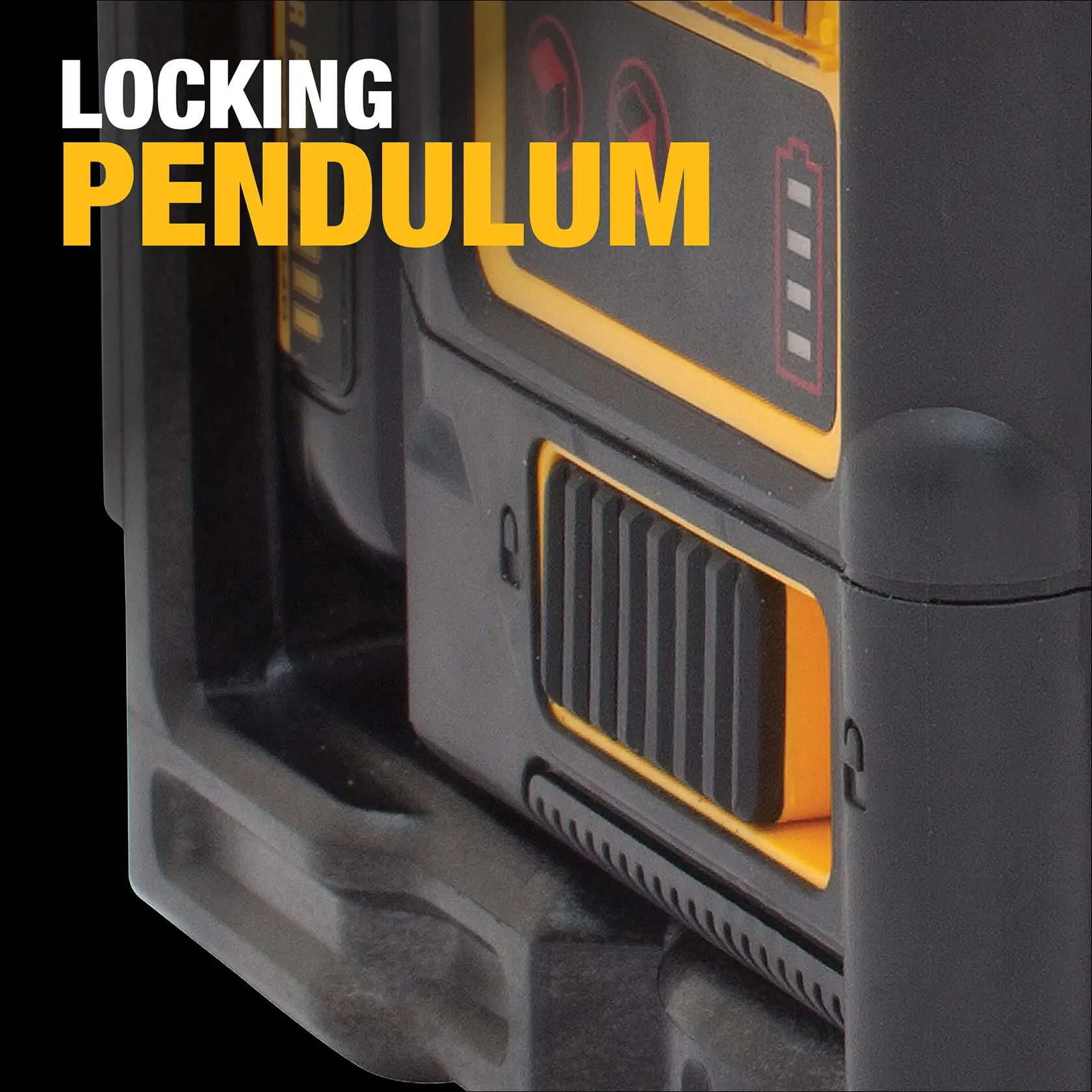 Close-up image showing a DEWALT DW0811LR construction tool with a locking pendulum feature. The tool is black and yellow with a battery indicator and a textured slider.