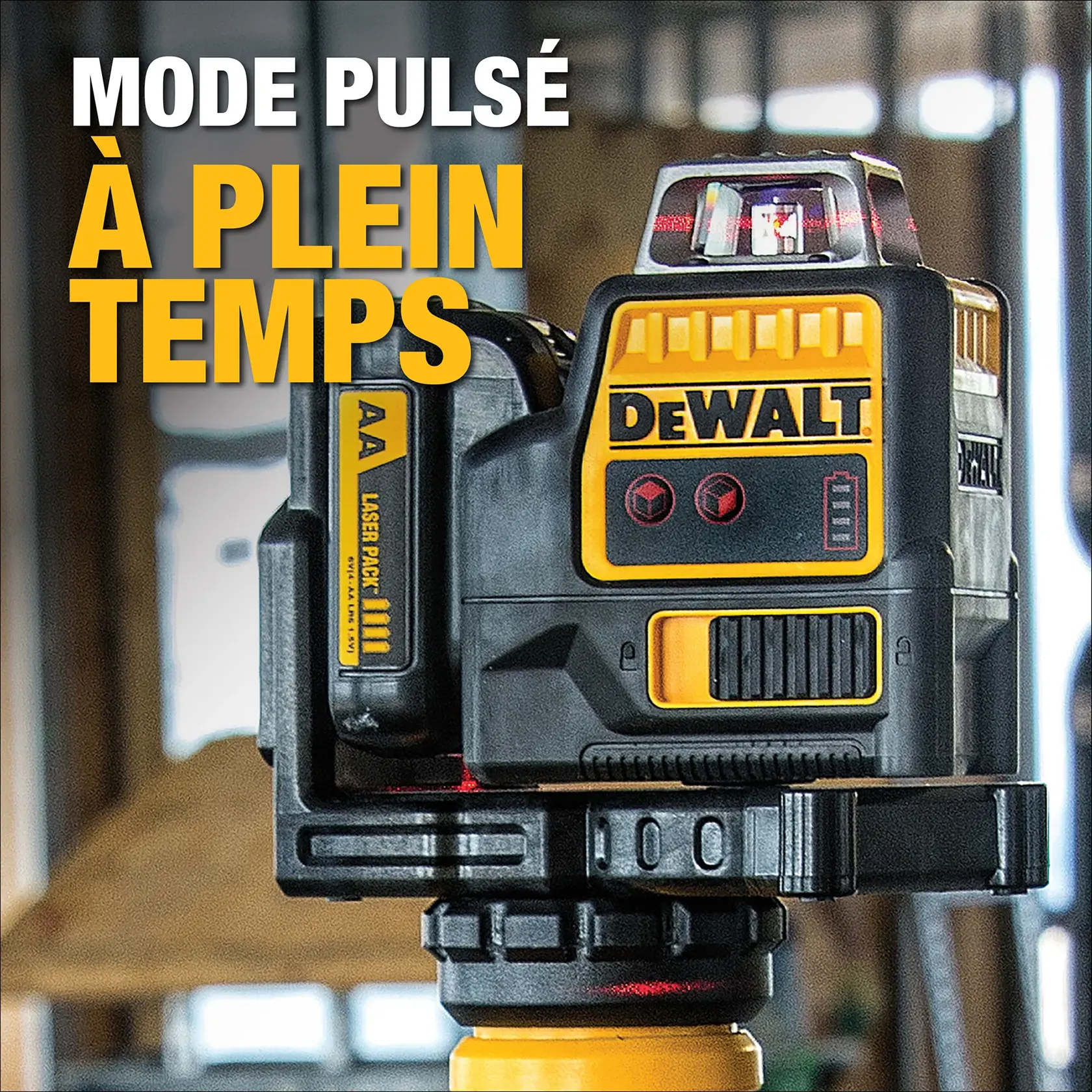 Close-up of a DEWALT DW0811LR laser level device mounted on a stand, with 'FULL-TIME PULSE' text in the background. The device has visible battery compartment labeled 'AA LASER PACK' and yellow DEWALT branding.