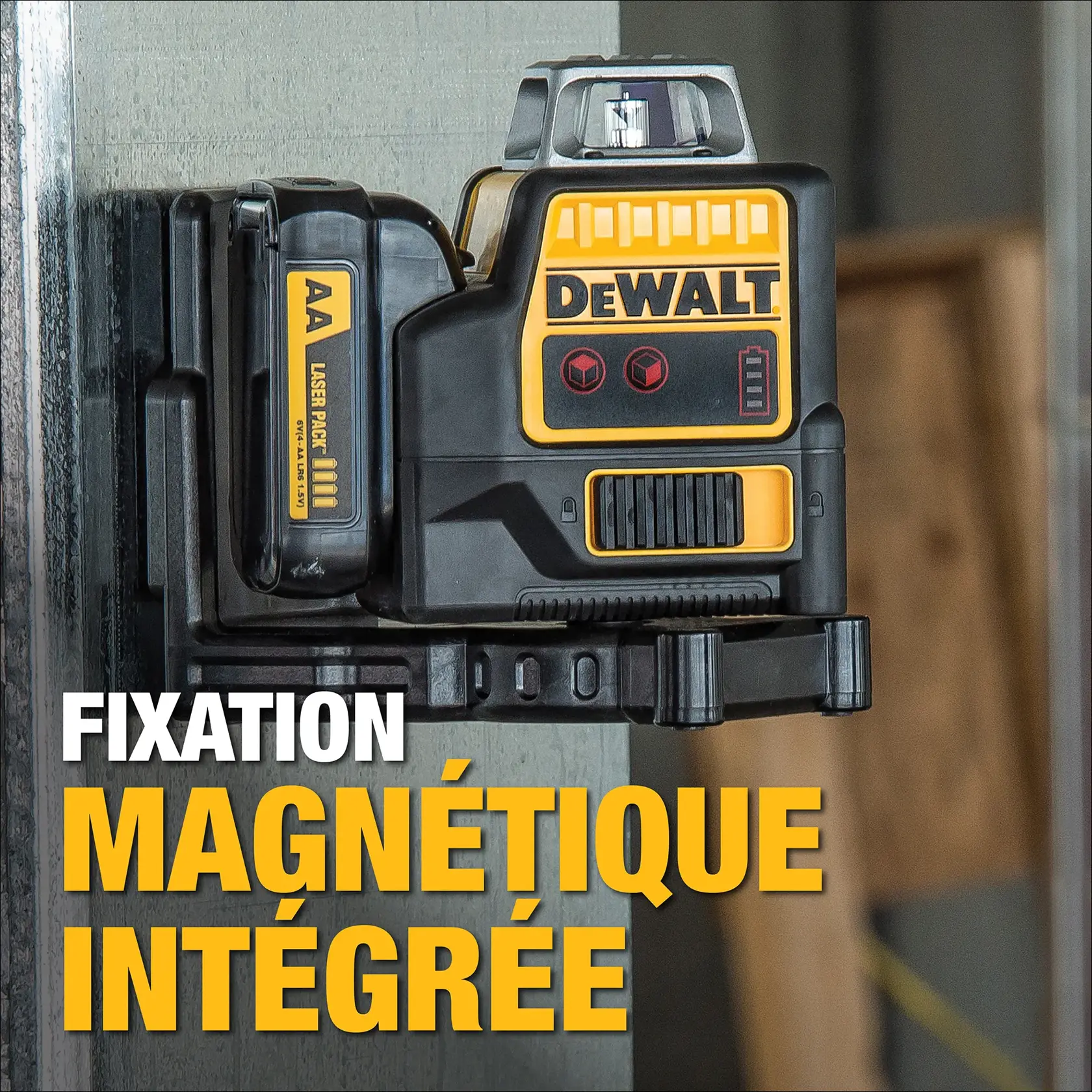 A DEWALT laser level tool with an integrated magnetic bracket is attached to a metal surface. The device is black and yellow, with the DEWALT logo prominently displayed. Large text reads 'Integrated Magnetic Bracket' in white and yellow.